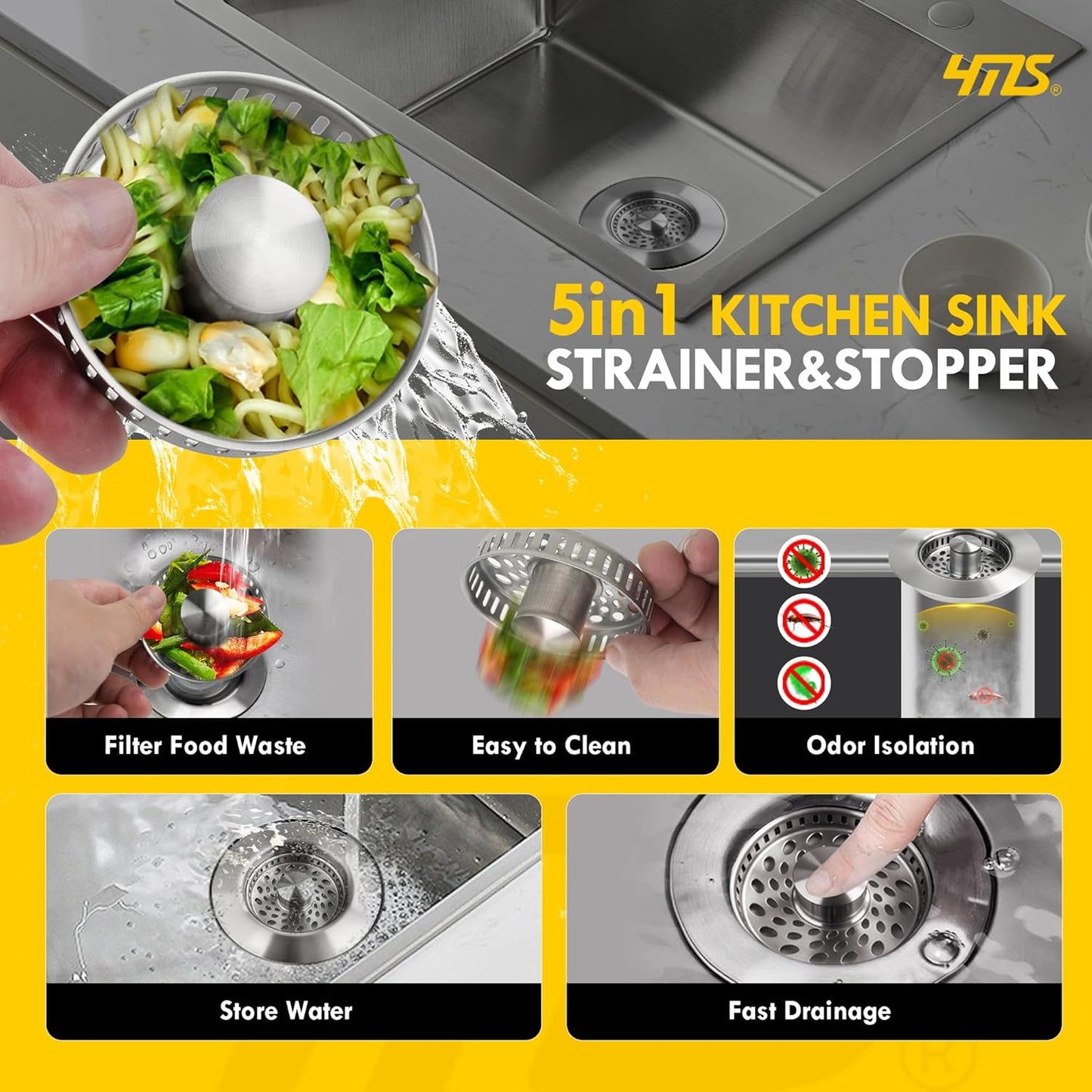5-in-1 Stainless Steel Sink Aid, Kitchen Sink Drain Strainer Food Catcher, Popup Kitchen Sink Stopper & Odor Filter, Kitchen Sink Strainer Accessories with Drain Basket (Classic Brushed)