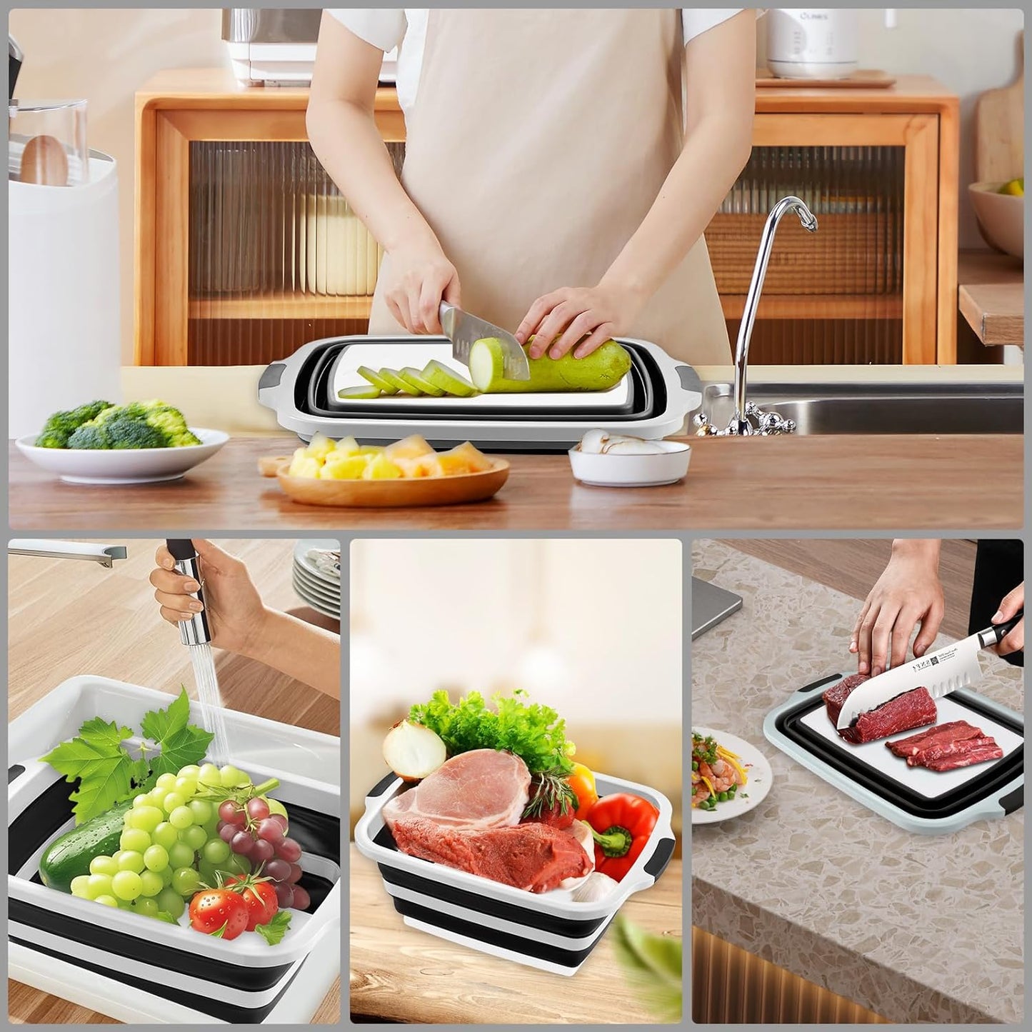 Collapsible BBQ Prep Tub with Cutting Board & Lid – 7.95 Gal / 30L Space-Saving Food Container – BPA-Free Heavy-Duty Plastic, Dishwasher Safe with Drain Hole – Offset Smoker, Backyard & Grilling