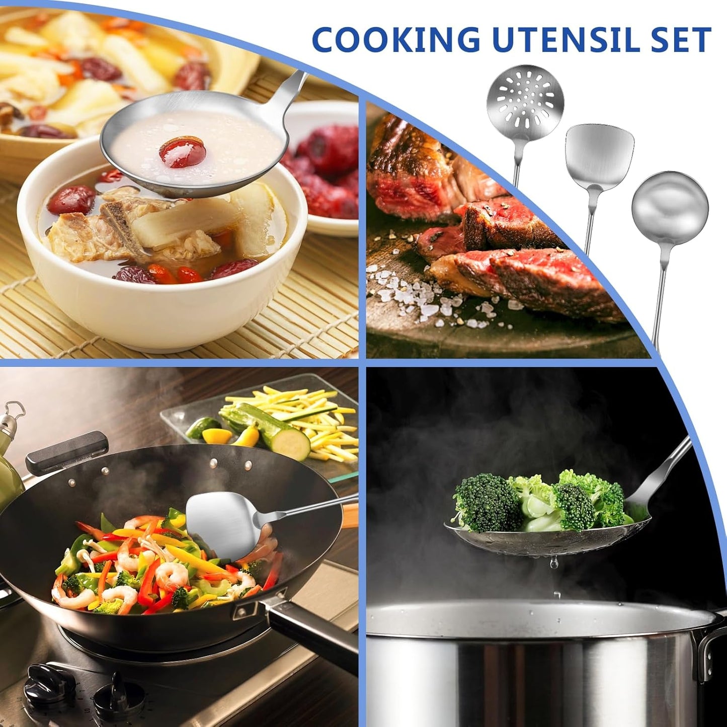 Wok Utensils Tools for Carbon Steel,Stainless Steel 3-Pieces Wok Spatula Set,Wok Tools Professional Set, Heat-Resistant Handle, Skimmer, Soup Ladle, Ideal for Gift