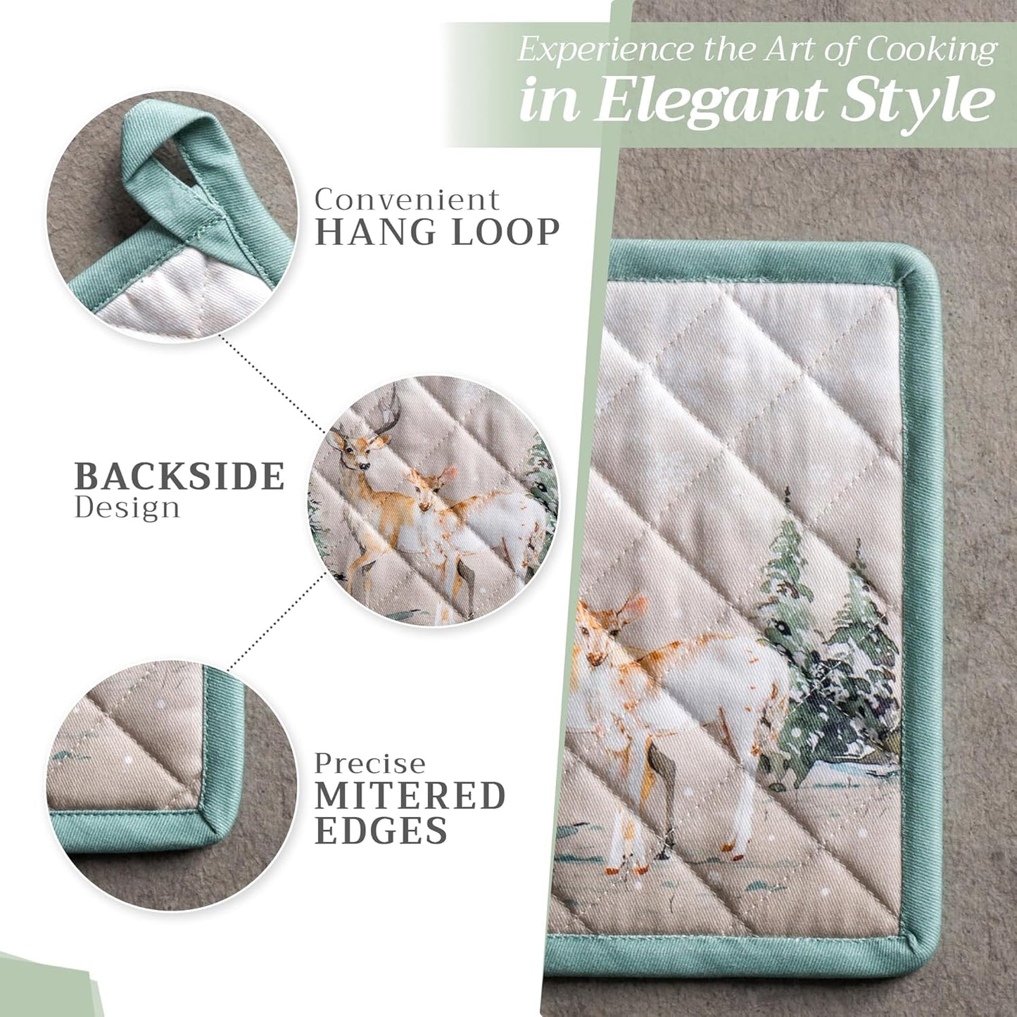 Maison d' Hermine 100% Cotton Oven Mitt & Pot Holder Set (7.5"x13" & 8"x8") Heat Resistant BBQ Cooking Gloves with Loop, Baking, Grilling, Kitchen, Handling Hot Pans (Deer in The Woods)