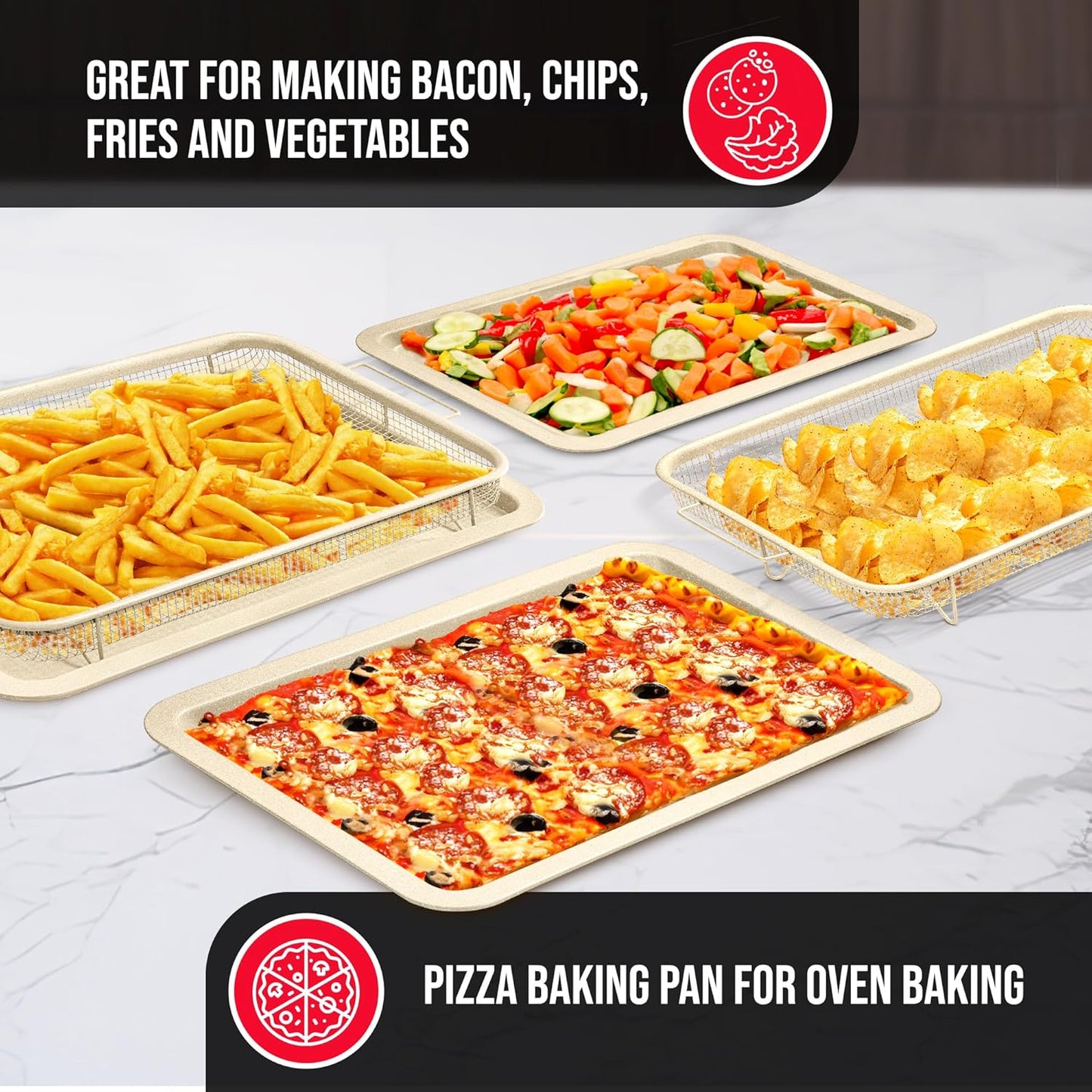 Bakken-Swiss Crisper Tray - 2-Piece Set – White Marble, Non-Stick Basket Design for Healthier Cooking in Regular Ovens - Achieve Perfectly Crispy Chips, Bacon and More