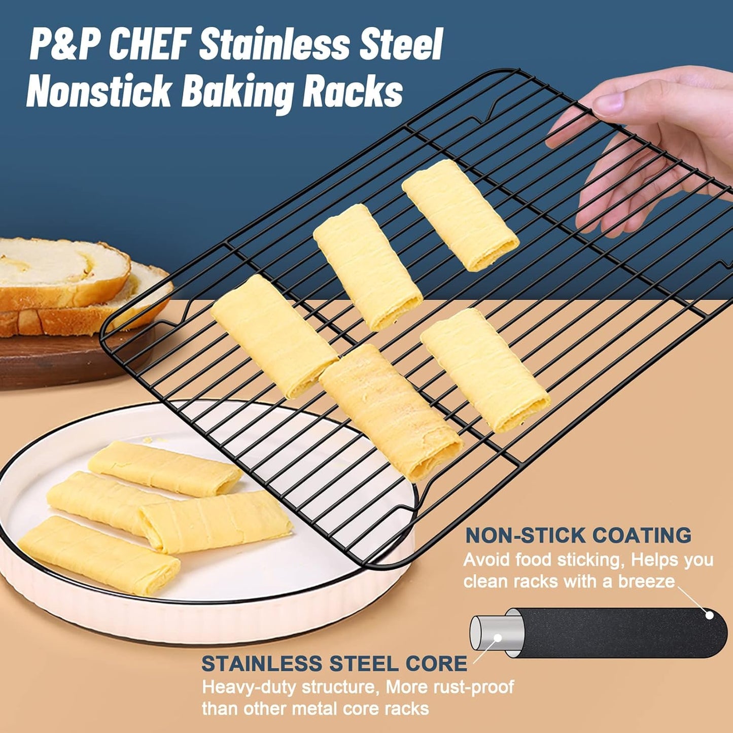 P&P CHEF Cooling Baking Rack Pack of 2, Stainless Steel Cooling Racks for Cooking Baking Roasting Grilling Drying, Dense Wires & Smooth Edge, Easy to clean, Black,15.3" x 11.25"