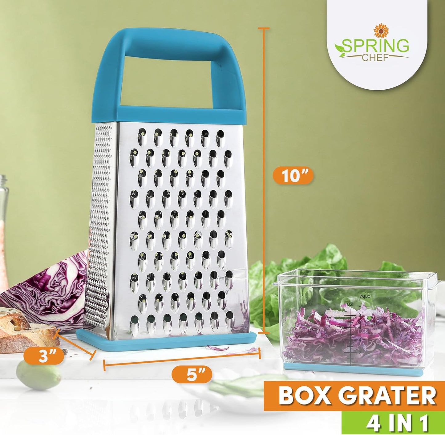 Spring Chef Professional 10" Parmesan Cheese Grater With Container, Stainless Steel & Soft Grip Handle, 4 Sided Kitchen Cheese Shredder Handheld Box Grater for Vegetables, Carrot, Ginger - Aqua Sky
