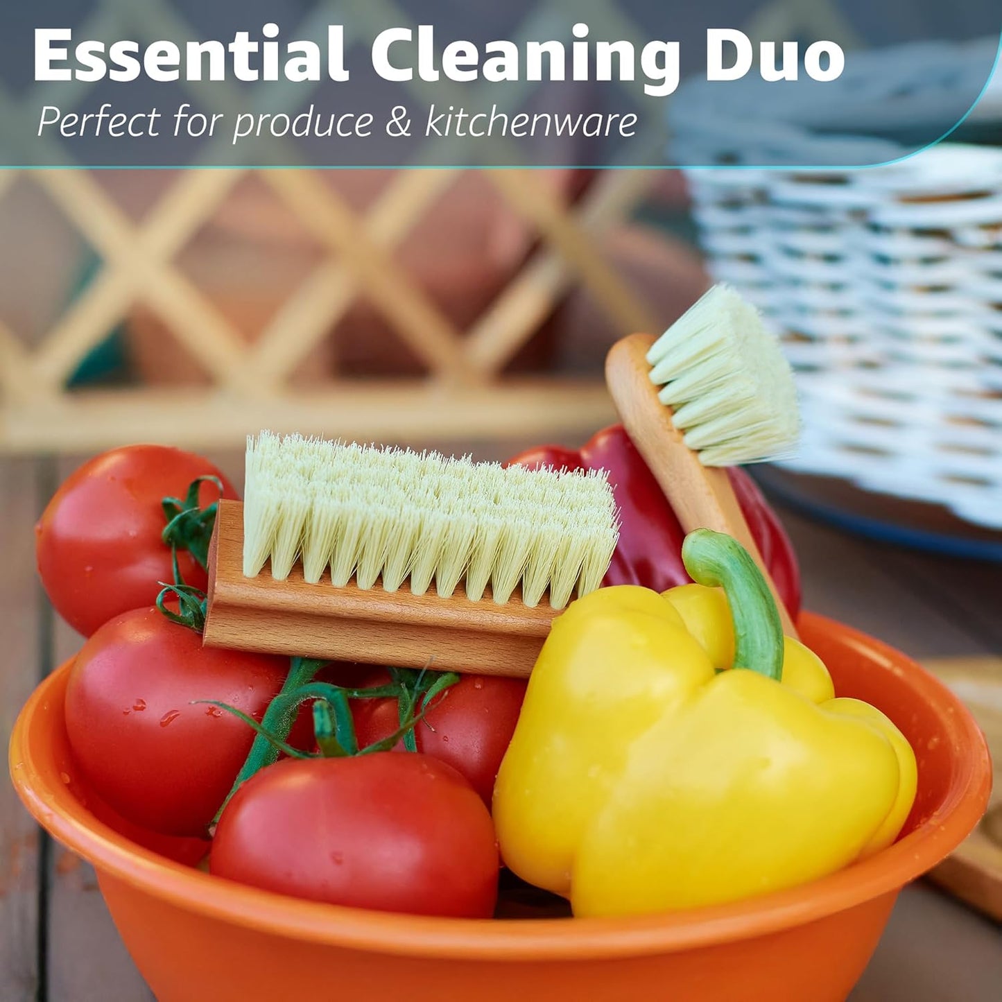 Vegetable Brush Set of 2 - Fruit and Vegetable Brush Scrubber for Food, Potato Scrubber, Mushroom Brush with Comfortable Wooden Handle, Veggie Brush for Carrots, Natural Produce Cleaning Brush