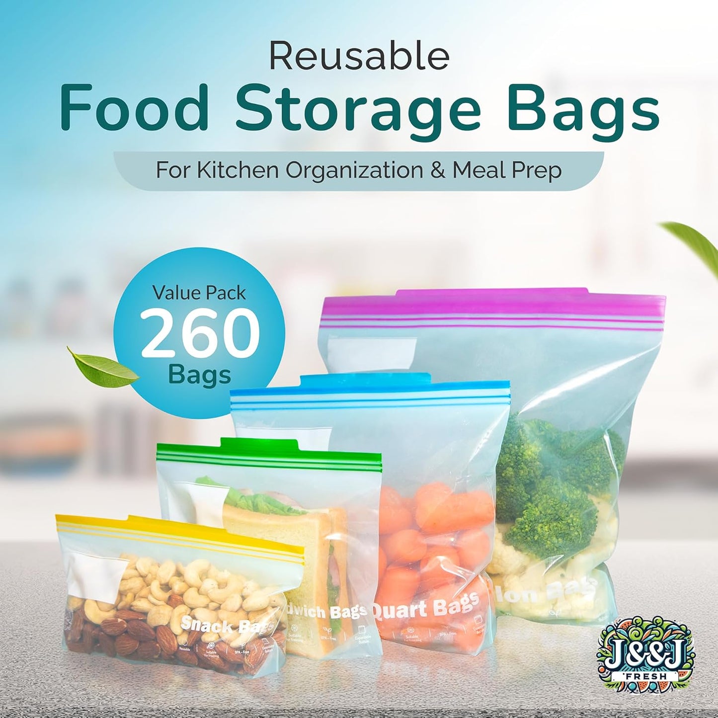 J&&J FRESH Reusable Food Storage Bags – 260 Pack Variety Pack (Snack, Sandwich, Quart, Gallon) – BPA-Free, Leakproof Zipper Bags with Expandable Bottom – Freezer Bags Safe, Kitchen & Pantry Organizer