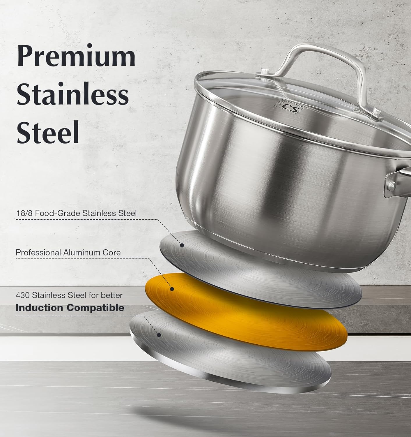 KOCH SYSTEME CS Stainless Steel Saucepan Set, 1QT & 2QT & 3QT Sauce Pan, Premium 18/10 Steel Sauce Pan Set, Induction Saucepans, Stainless Steel Pot Set 6 Piece, Easy to Clean, Oven Safe