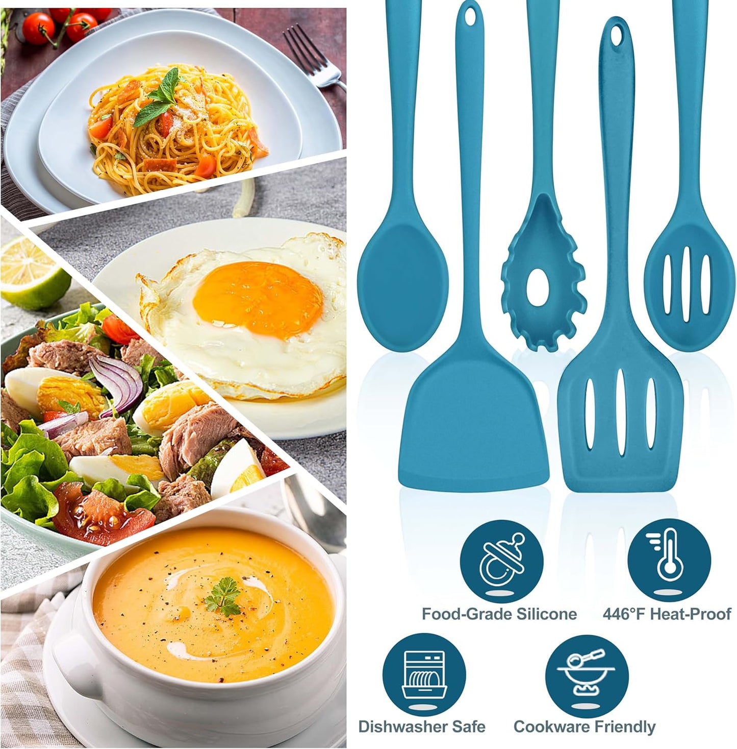 TeamFar Cooking Utensils Set, Silicone Kitchen Utensils of 5, Cooking Spoons Turners Pasta Server for Nonstick Cookware, Healthy & Heat-Resistant, Seamless & Non-Scratch, Dishwasher Safe, Dark Blue