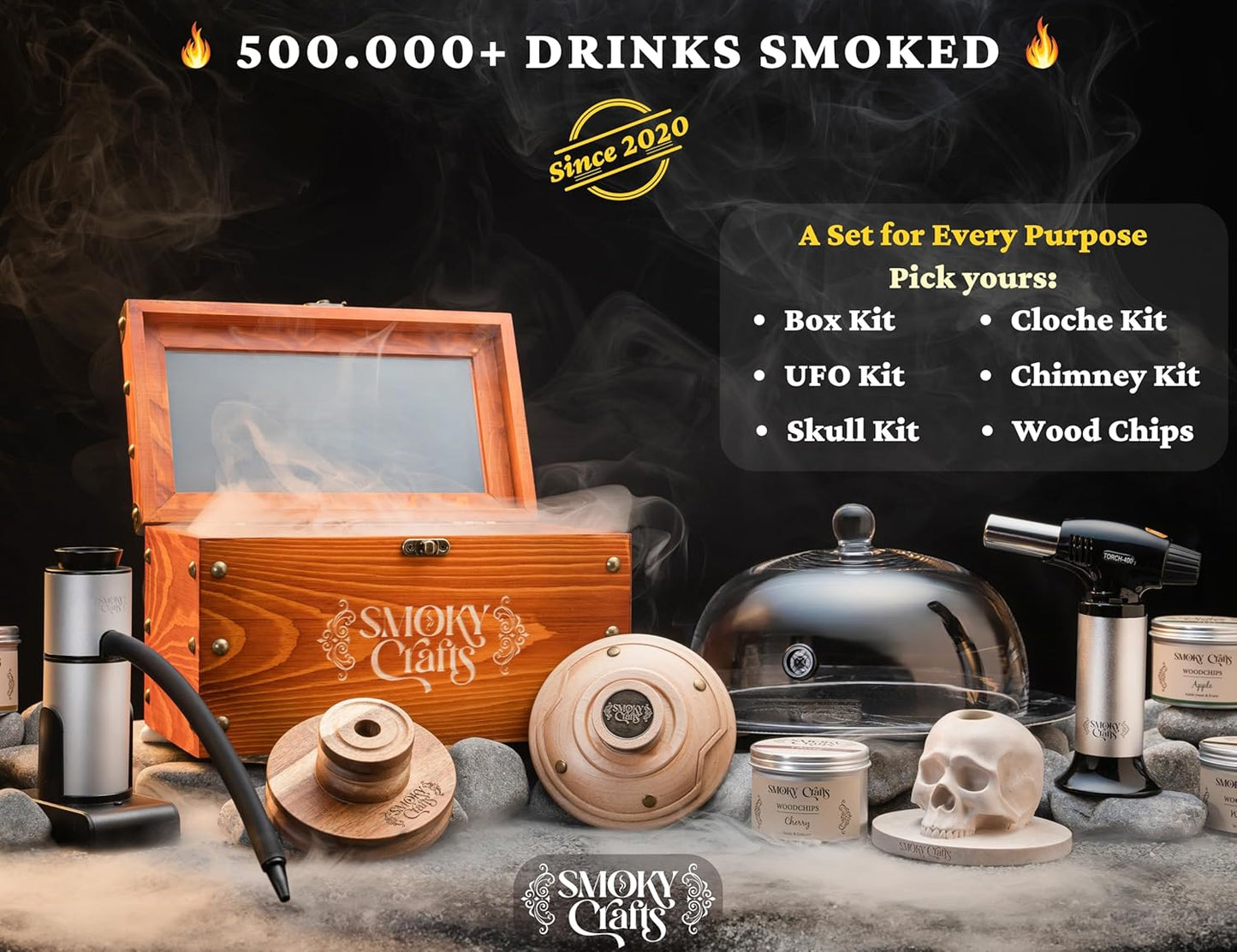 Acacia Whiskey Smoker Kit with Smoking Gun and Wood Chips (Apple & Cherry) - Drink Smoker Kit - Cocktail Smoke Set - Whiskey Gifts for Men (Torch Not Required)