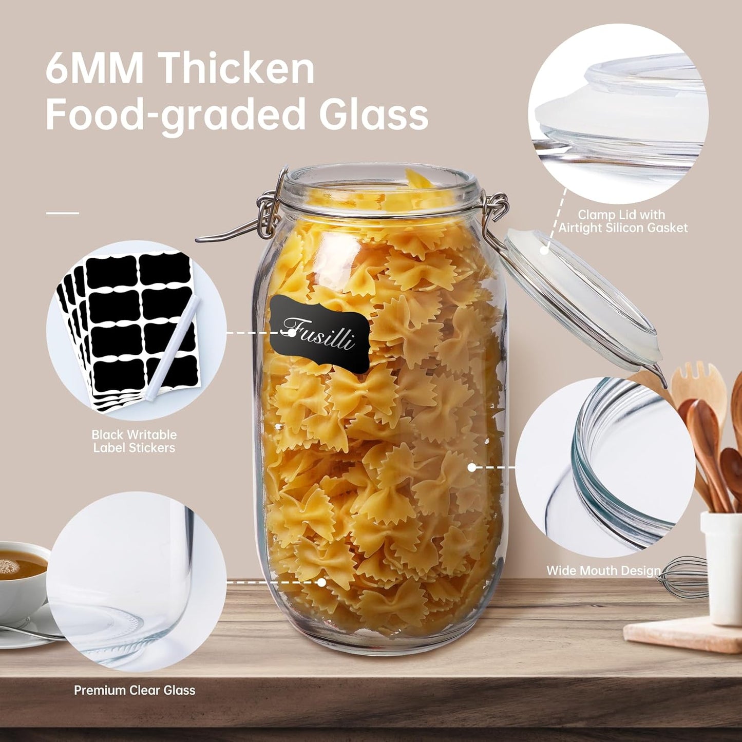 32 oz Wide Mouth Glass Jars with Airtigh Lids, 4 Pack Glass Pickling Jars for Canning, Fermenting, Large Mason Storage Container for Coffee, Flour, Sugar, Pasta