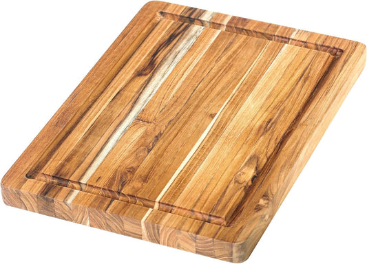 Teakhaus Cutting Board - Small (S) Wood Cutting Board with Juice Groove and Grip Handles - 14”L x 10”W - Thin, Lightweight, Reversible Teak Edge Grain Wood - Knife Friendly - FSC Certified