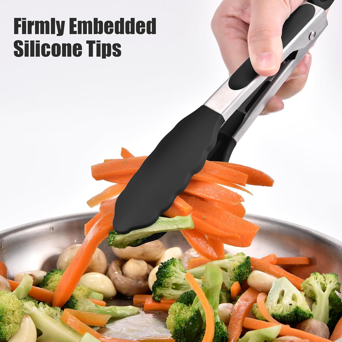 Doosu Kitchen Tongs for Cooking - 600°F Heat Resistant Food Tong with Non-Scratch Silicone Tips, Heavy Duty Stainless Steel Locking Tong for BBQ, Grilling Steak, Serving Salad, Pasta (7in, Black)