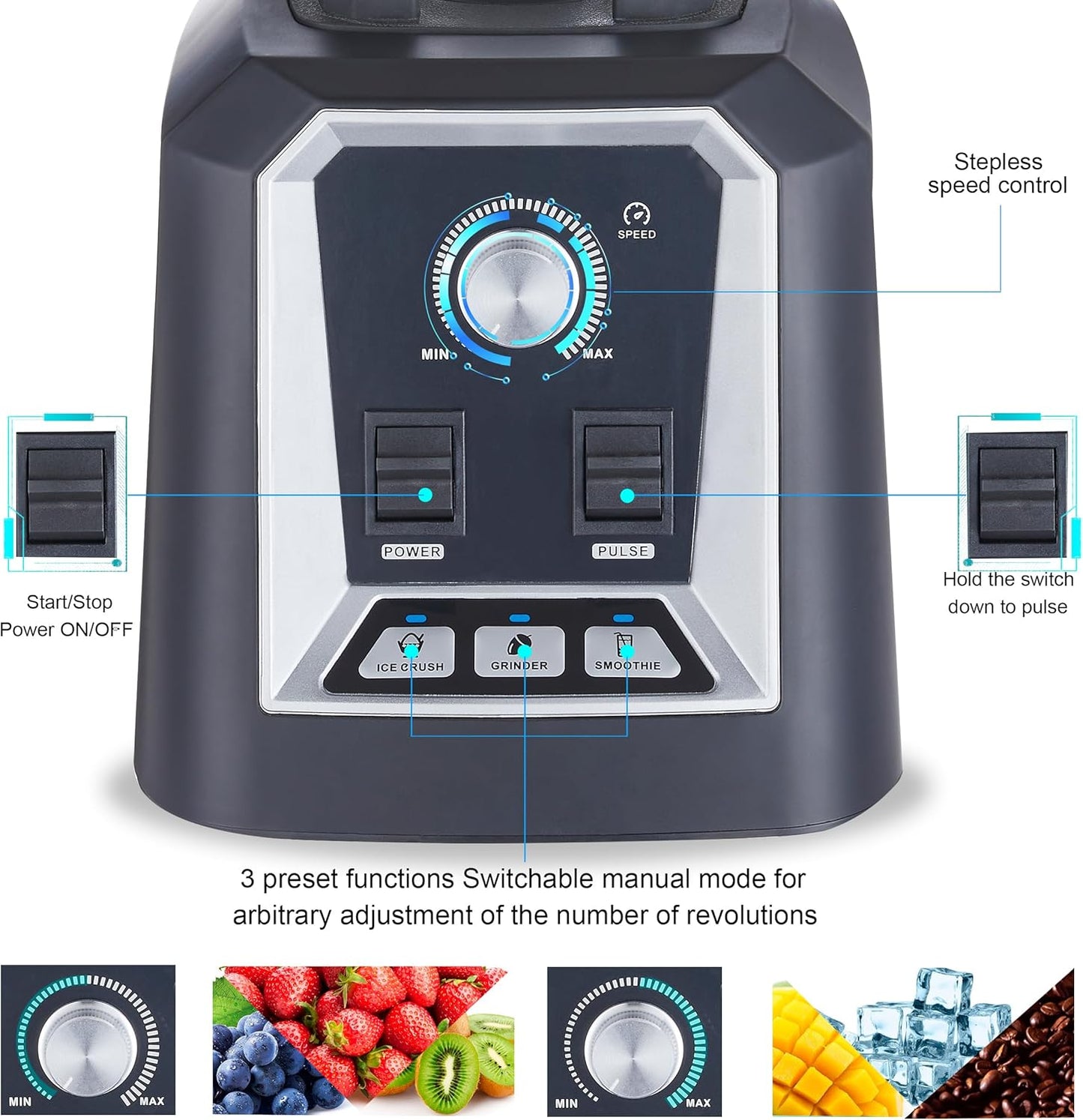 Biolomix Professional Blender, 2200W 3 Automatic Program Blender For Kitchen,2L capacity with 600ML Portable Bottle,Smoothie Blender for Smoothie, Soup,Baby food,Grain grinding（Black）