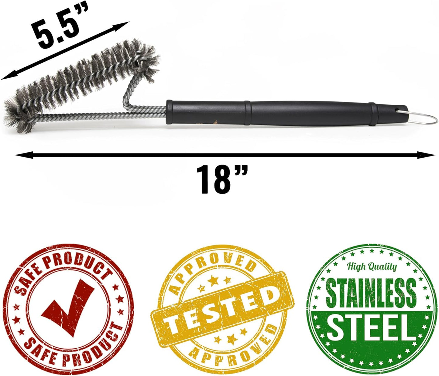 Grillaholics Essentials Grill Brush Steel - Triple Machine Tested for Safety - Stainless Steel Wire Grill Brush for Deep Grill Cleaning - Lifetime Manufacturers Warranty