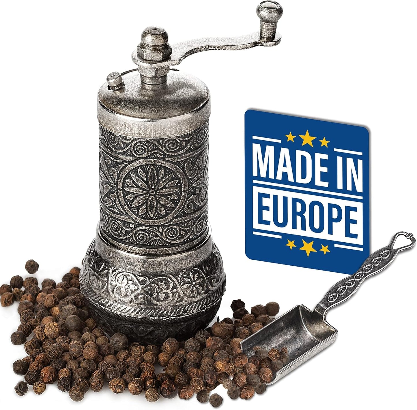 Decorative Black Pepper Grinder, Refillable Turkish Spice Mill with Adjustable Coarseness, Manual Pepper Mill with Handle, Spice Grinder Metal with Hand Crank, Dark Silver