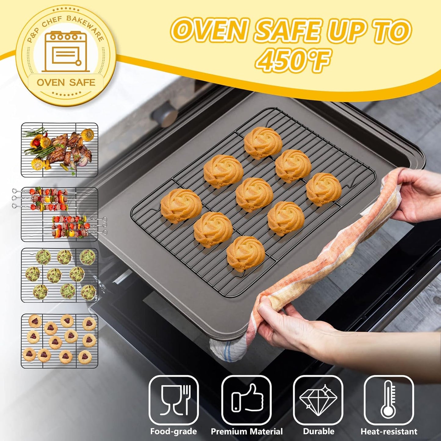 P&P CHEF Cooling Baking Rack Pack of 2, Stainless Steel Cooling Racks for Cooking Baking Roasting Grilling Drying, Dense Wires & Smooth Edge, Easy to clean, Black,11.6" x 9"