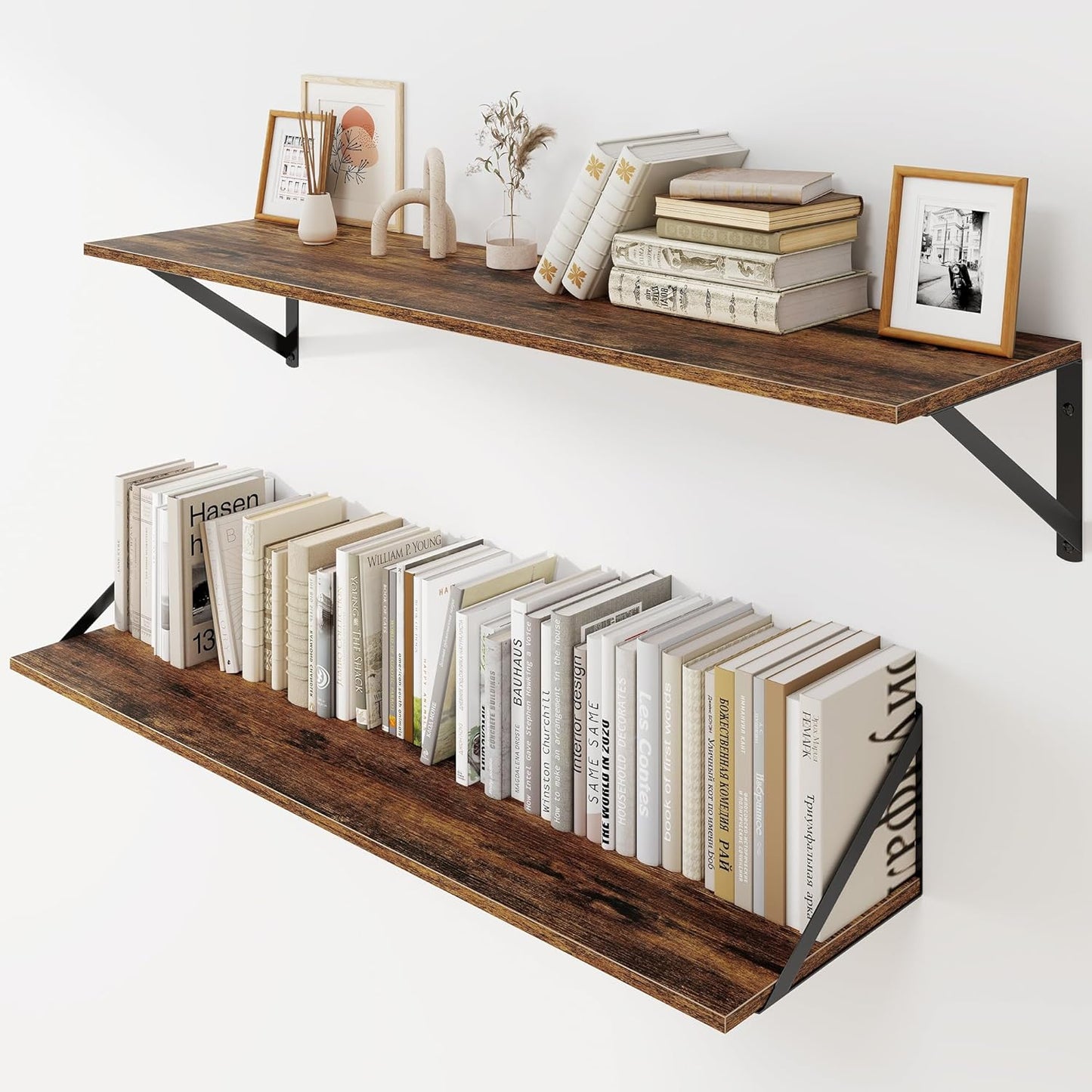 Heimlove Deep Floating Shelves for Wall, 36W x 8D Wood Wall Shelves Set of 2, Wide Floating Bookshelf for Living Room, Kitchen, Office, Bedroom and Decor Storage, with Metal Bracket - Rustic Brown