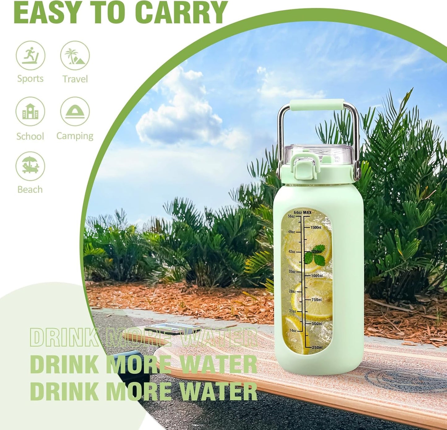 kytffu 64 oz Glass Water Bottle with Straw and Stainless Steel Handle, Half Gallon Water Bottle with Silicone Sleeve and Time Marker, 2L Large Glass Bottle for Gym, School, Travel, Leak-proof (Green)
