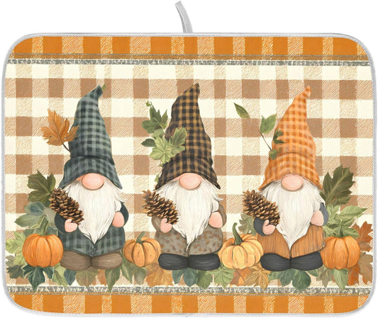 Fall Pumpkin Gnomes Maple Leaves Autumn2 Dish Drying Mat for Kitchen Counter Absorbent Microfiber Small Drying Pad Dish mats for Kitchen Countertops 16 x 18 Inch