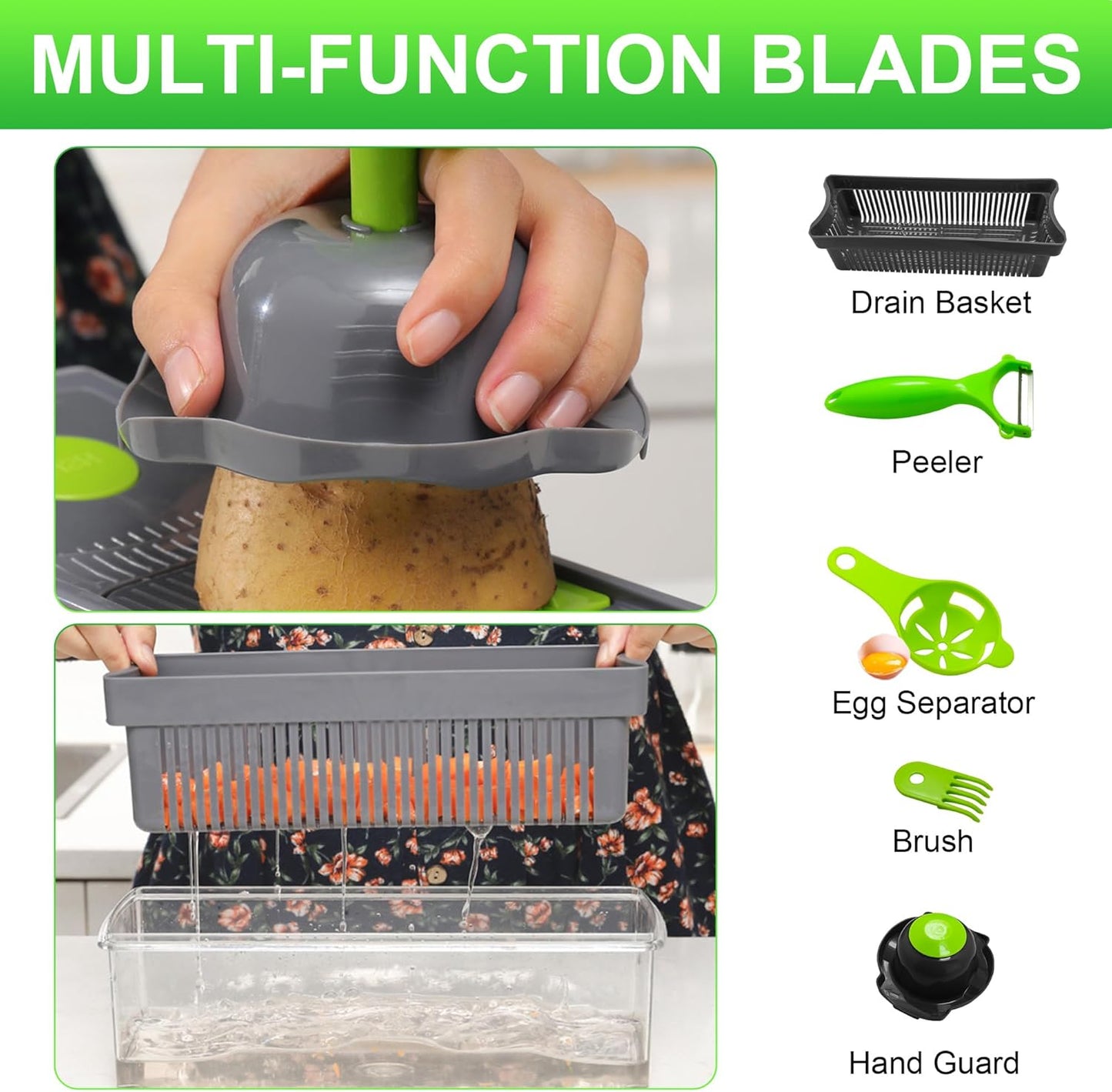 16 in 1 Mandoline Vegetable Food Chopper, Slicers and Vegetable Cutters, Multi Function Kitchen Veg Cutter for Onion Garlic Potato Salad, Veggie Chopper with Container and Draining Basket