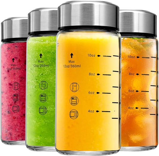 Glass Juice Bottles 4 Pack 12 oz - Wide Mouth Glass Water Bottles with Lids - Borosilicate,Stainless Steel Lids for Juicing, Smoothies, Infused Water, Beverage Storage, Leakproof, Reusable, BPA Free