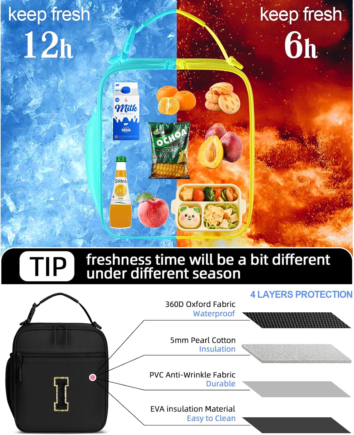 Initial Insulated Lunch Bag for Boys Kids, Back to School Gift, Reusable Leak-proof Lunch Box with Adjustable Strap for School Daycare Travel Picnic（Black，I）