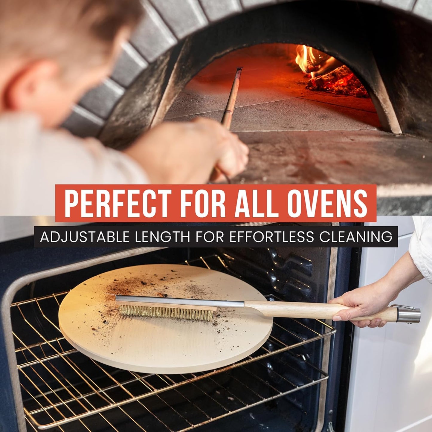Chef Pomodoro Pizza Oven Brush with Scraper - Adjustable Handle (55cm to 87.7cm), Pizza Stone Brush, Pizza Oven Cleaning Brush, Outdoor Pizza Oven Accessories for Pizza Stones, BBQ Grill, and Ovens