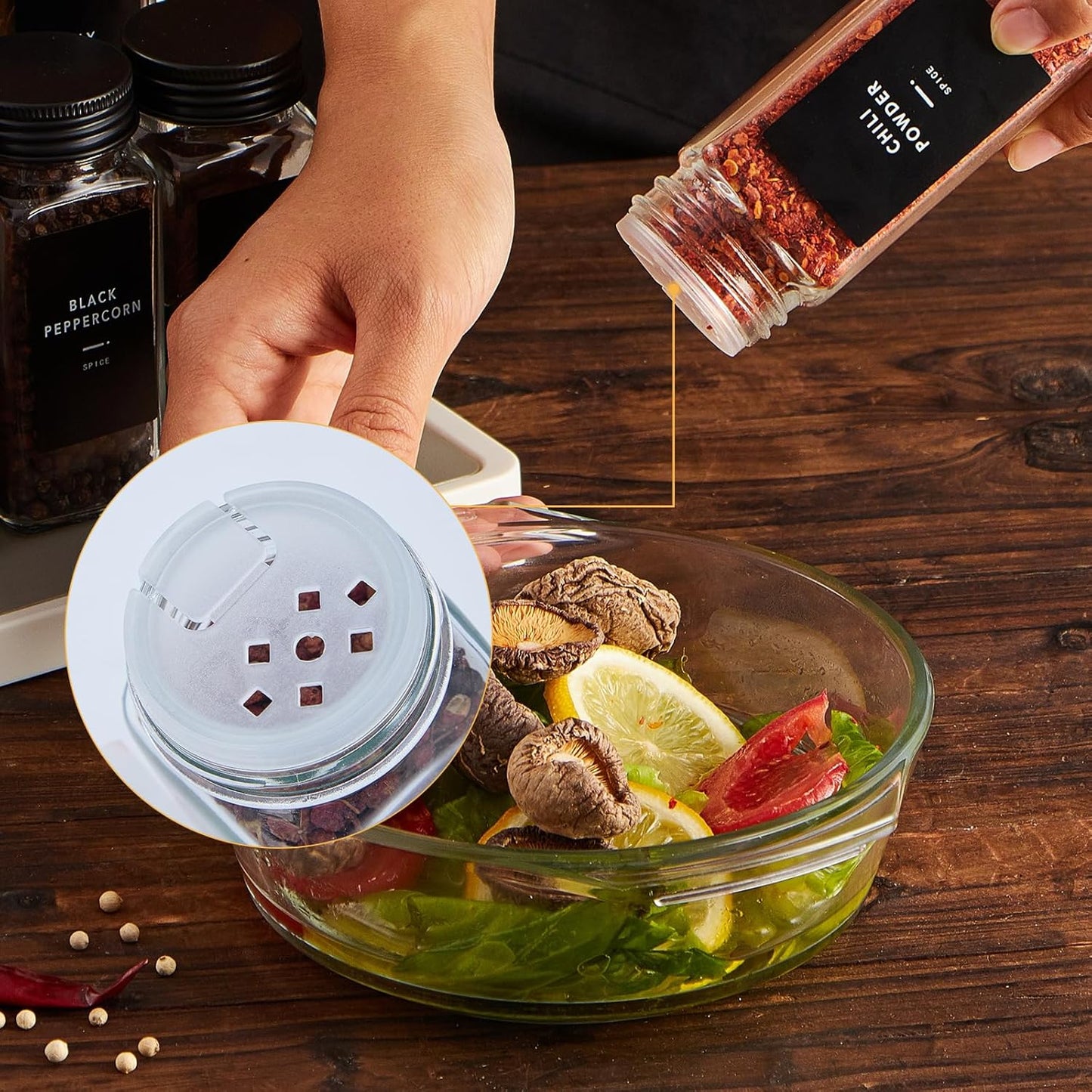 48 Pcs Spice Jars with Label- Glass Spice Jars with Black Metal Caps,Shaker Lids, Funnel, Chalk Pen, Brush,Cleaning Cloth 4oz Seasoning Containers Bottles for Spice Rack, Cabinet, Drawer