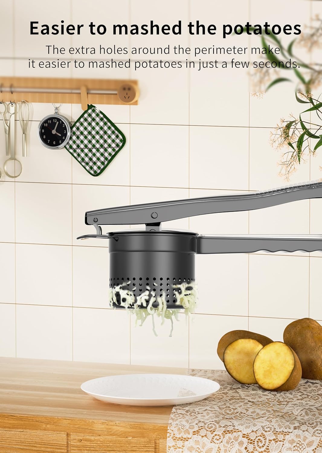 Large 15oz Potato Ricer Masher, Heavy Duty Stainless Steel Potato Masher with Ergonomic Handle, Masher and Ricer Kitchen Tool for Mashed Potatoes, Noodle Maker, Black