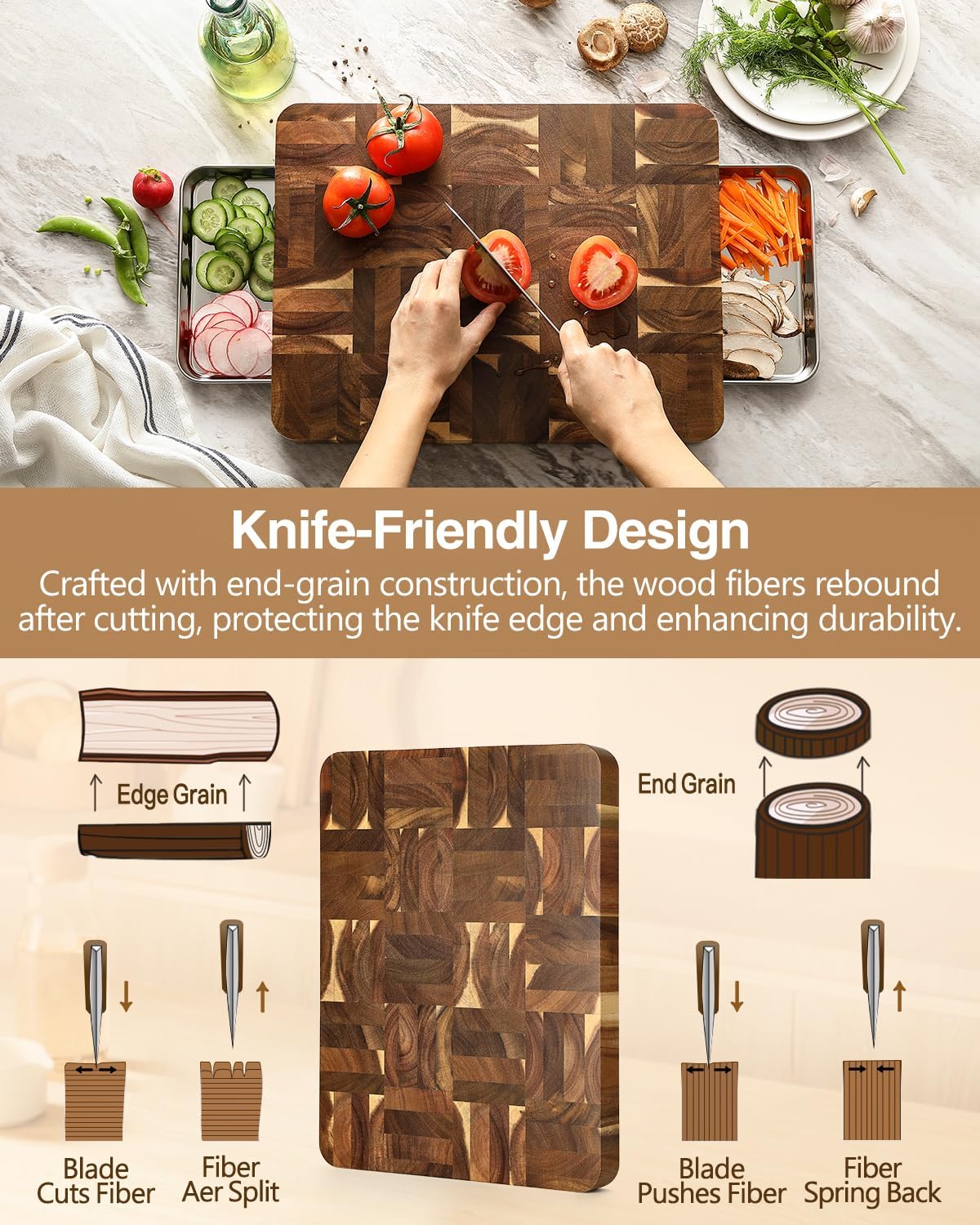 XINZUO Large Thick End Grain Acacia Wood Cutting Board -(16‘’L x 12''W x 1.6''T)-Dark Wood Cutting Board,Reversible Wooden Chopping Board with Non-Slip Feet-Catches Food and Waste-Giftbox