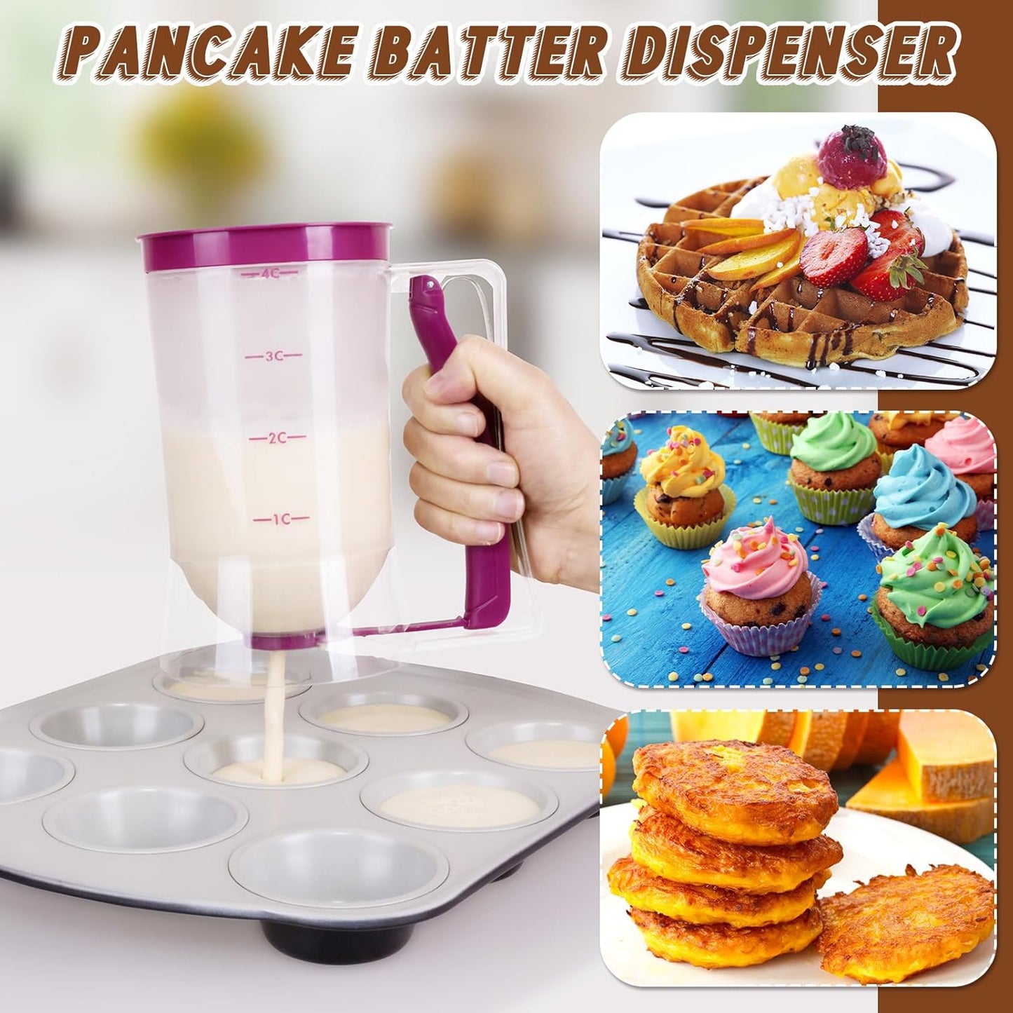 1 Pc Cupcake Batter Dispenser Pancake Mix Dispenser 4 Cups with Squeeze Handle Tools for Pancake, Cupcake, Cookie, Cake, Waffles, Ice Cream Baking Gifts for Kitchen Housewarming (Purple Red)
