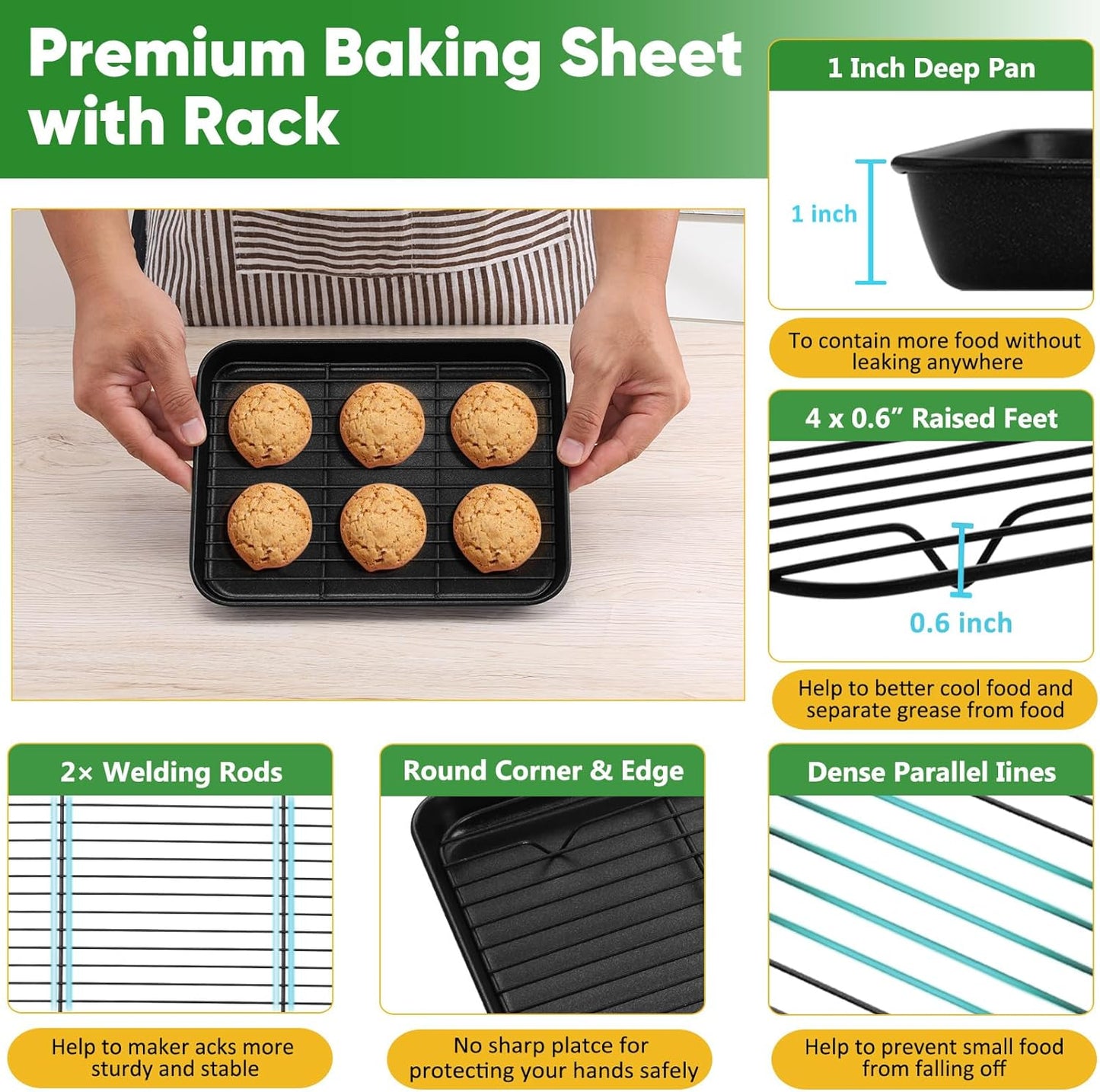 P&P CHEF Baking Oven Sheet Pan with Rack for Cookie, Nonstick Oven Tray and Cooling Rack for Baking & Roasting, Easy Clean, Black, 9.3 x 7 Inch