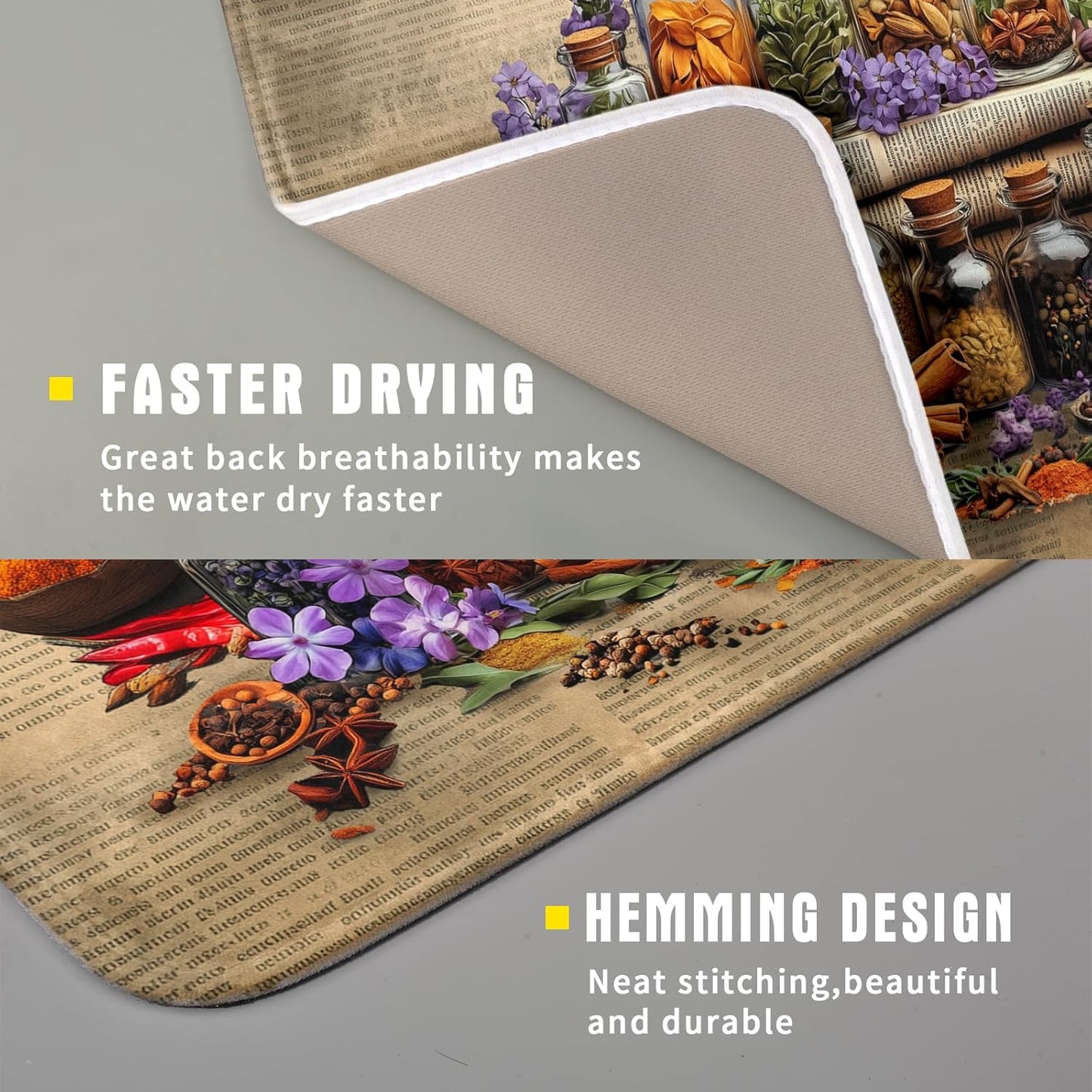 Vintage Kitchen Dish Drying Mat - Spice Bottle Decorative Dish Sink Rack Pad 16 X 18 Inch