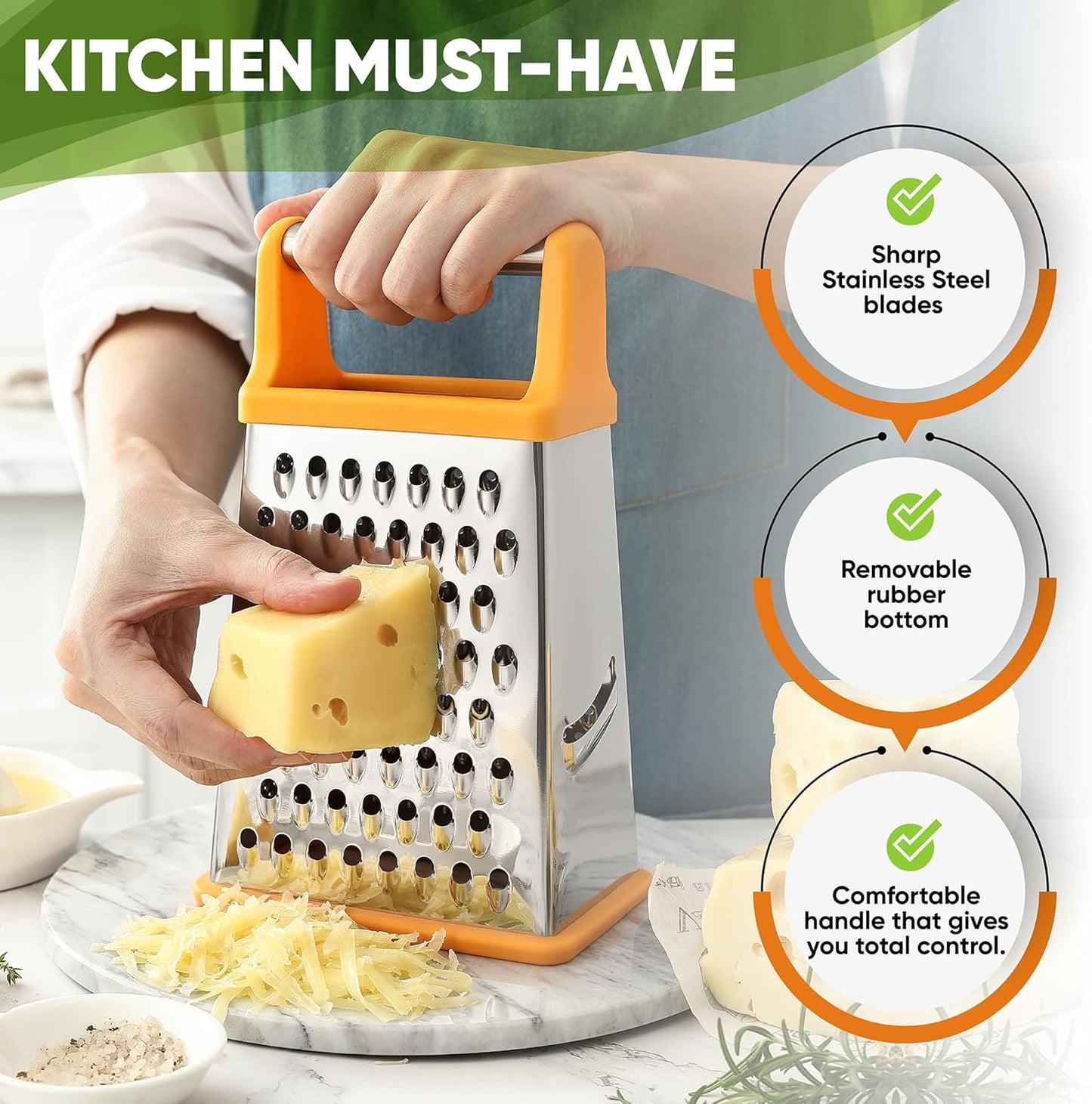 Spring Chef Handheld Stainless Steel XL Parmesan Cheese Grater with Handle - 4 Sided Manual Box Grater for Kitchen - Dishwasher Safe Cheese Shredder for Carrot, Potato, Vegetables, Hash Brown - Mango