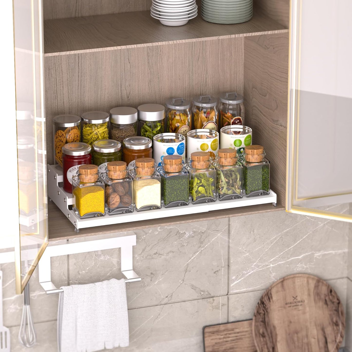 Premium Spice Rack Organizer for Countertops - 3-tier space-saving kitchen organizer for spice jars, oil bottles and utensils 2 Packs White (modern rust-resistant design)