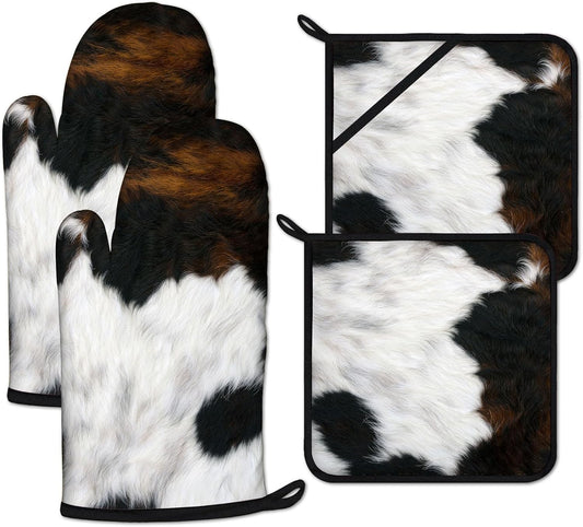 Brown Cowhide Oven Mitts and Pot Holders Sets Heat Resistant 4Pcs Potholders Oven Gloves Hot Pads for Kitchen Baking Cooking Grilling BBQ