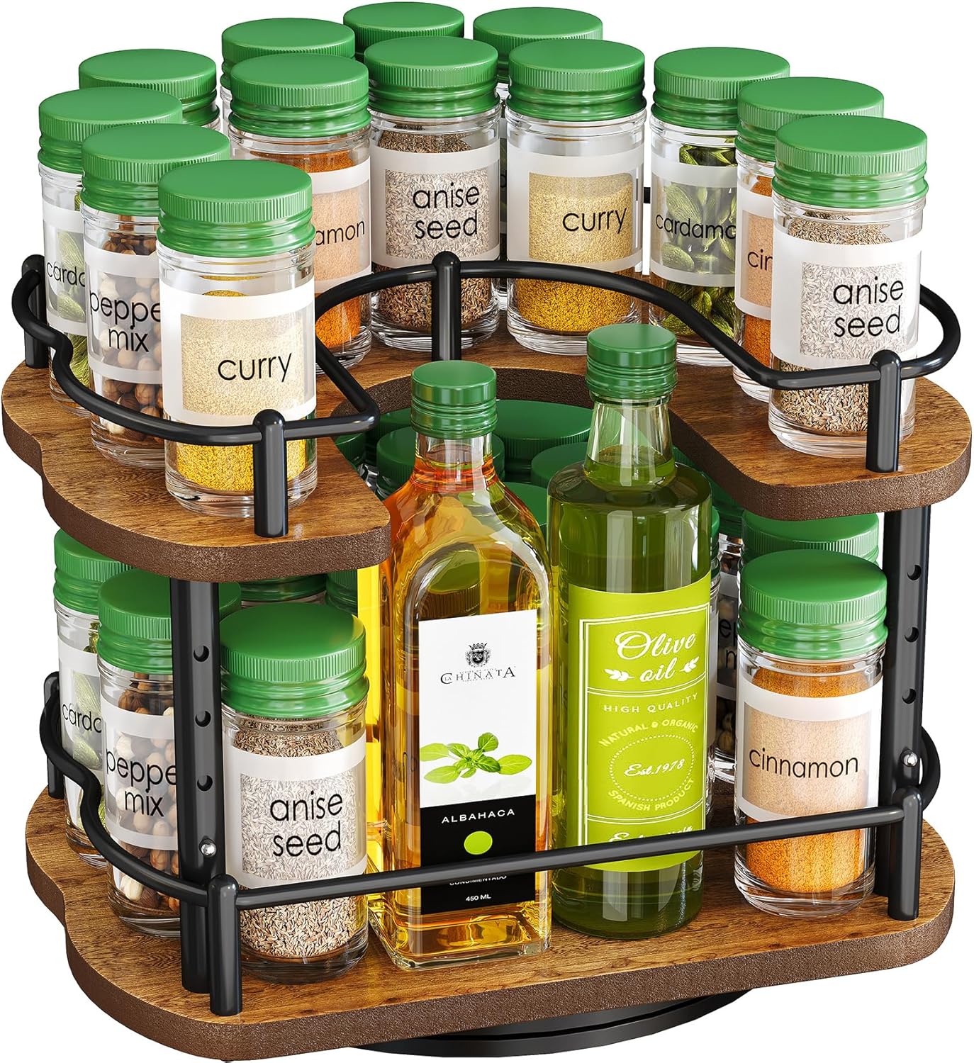 SNTD Spice Rack Organizer for Cabinet - Height Adjustable Rotating Lazy Susan, Wooden Spice Organization for Tabletop, Pantry, or Kitchen Counter, Fits Cabinets Over 11" Wide and 10.3" High