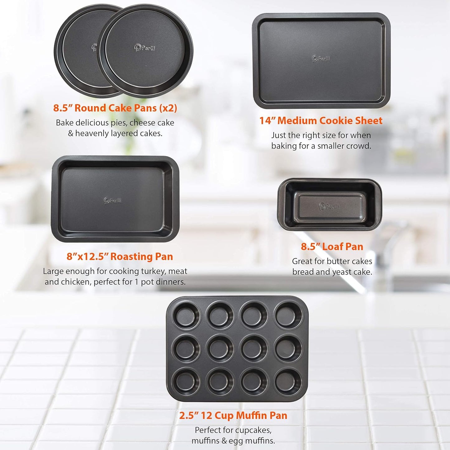 Perlli Baking Set 6 Nonstick Carbon Steel Oven Safe Gray PTFE PFOA Free Bakeware - Cookie Sheet, 2 Rounds, 12 Cup Muffin Pan, Roaster & Loaf Pan