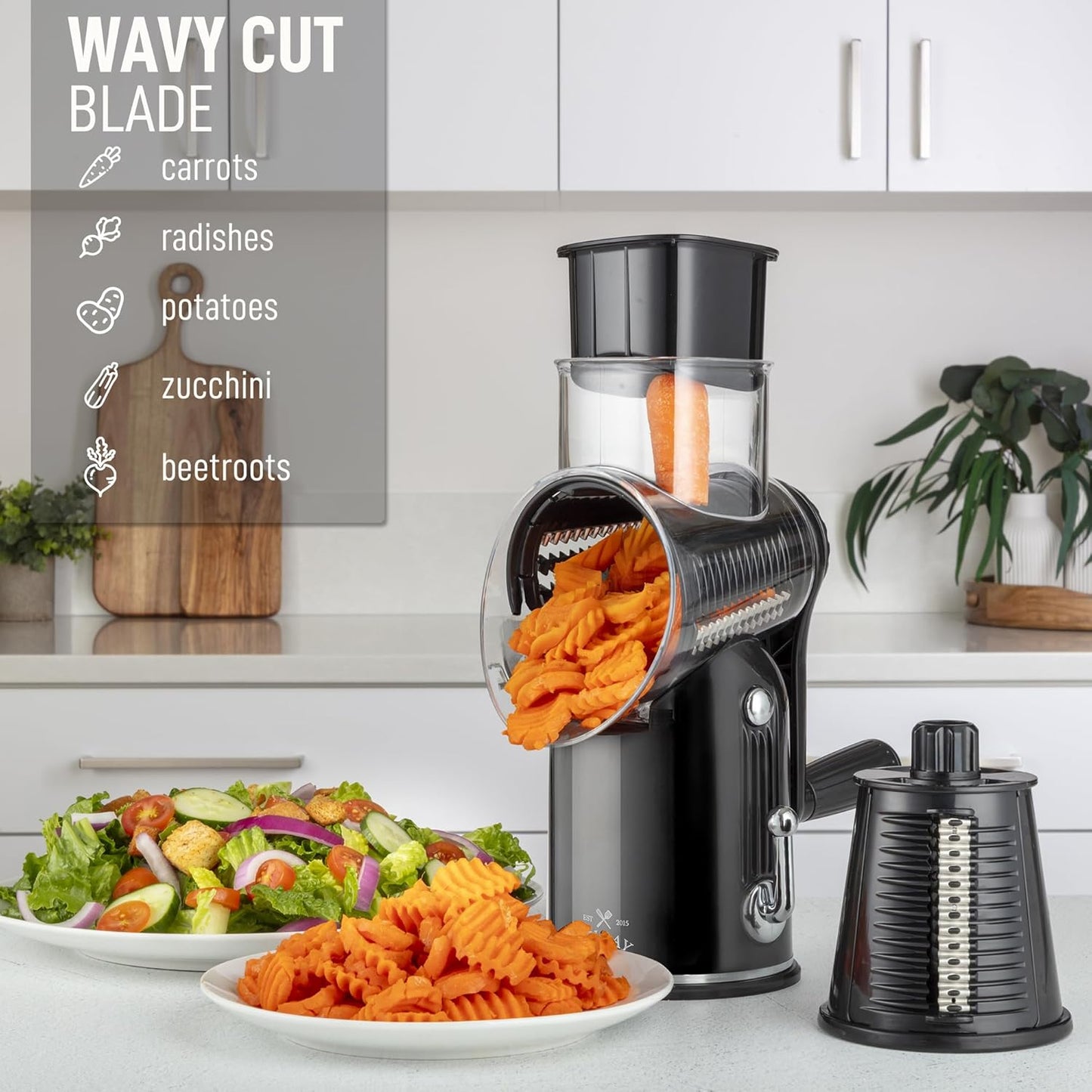 Zulay Kitchen Rotary Cheese Grater 5 Blade Cheese Shredder - Manual Hand Crank Cheese Grater With Reinforced Suction & 5 Interchangeable Drums - Easy to Use, Vegetable Chopper Round Mandoline Slicer