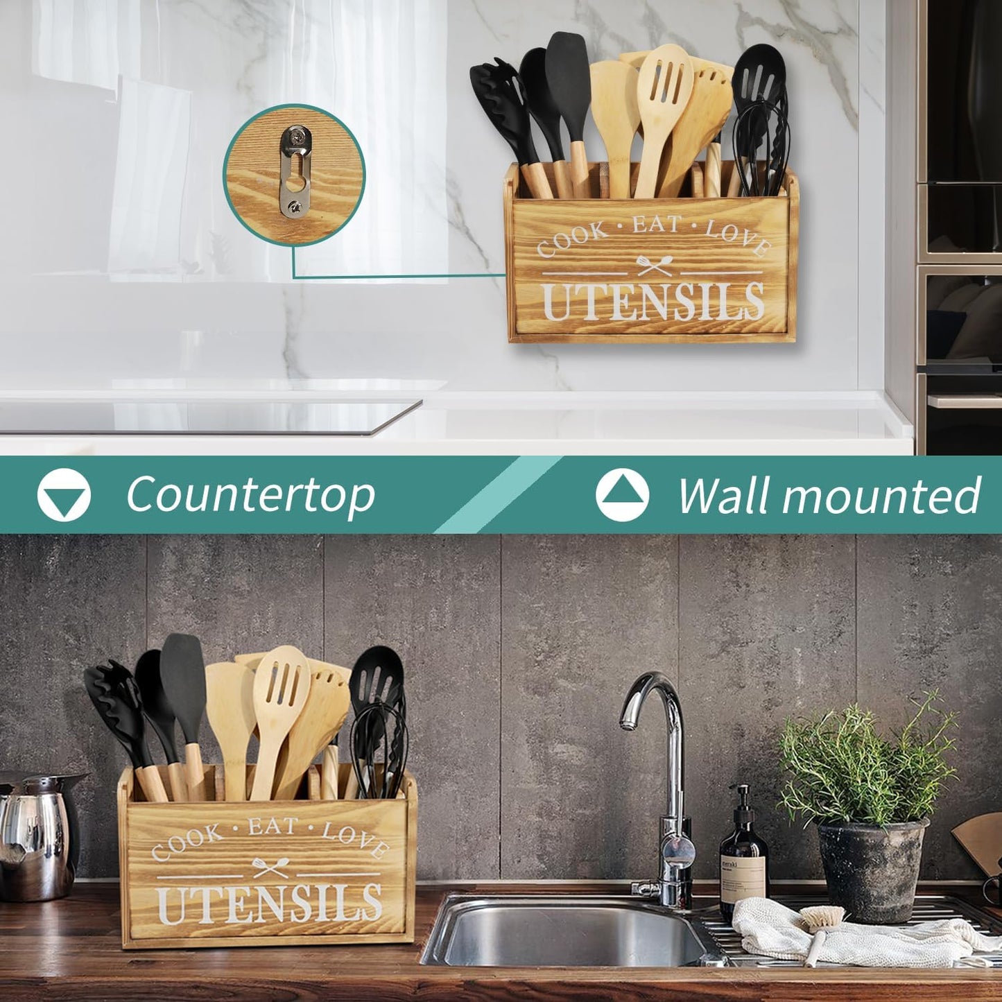 Kitchen Utensil Holder for Countertop, Large Solid Wood Farmhouse Cooking Utensils Organizer for Kitchen Counter, 3 Compartments Utensil Spoon Holder Kitchen Tool Storage for Home Decor (Burned wood)