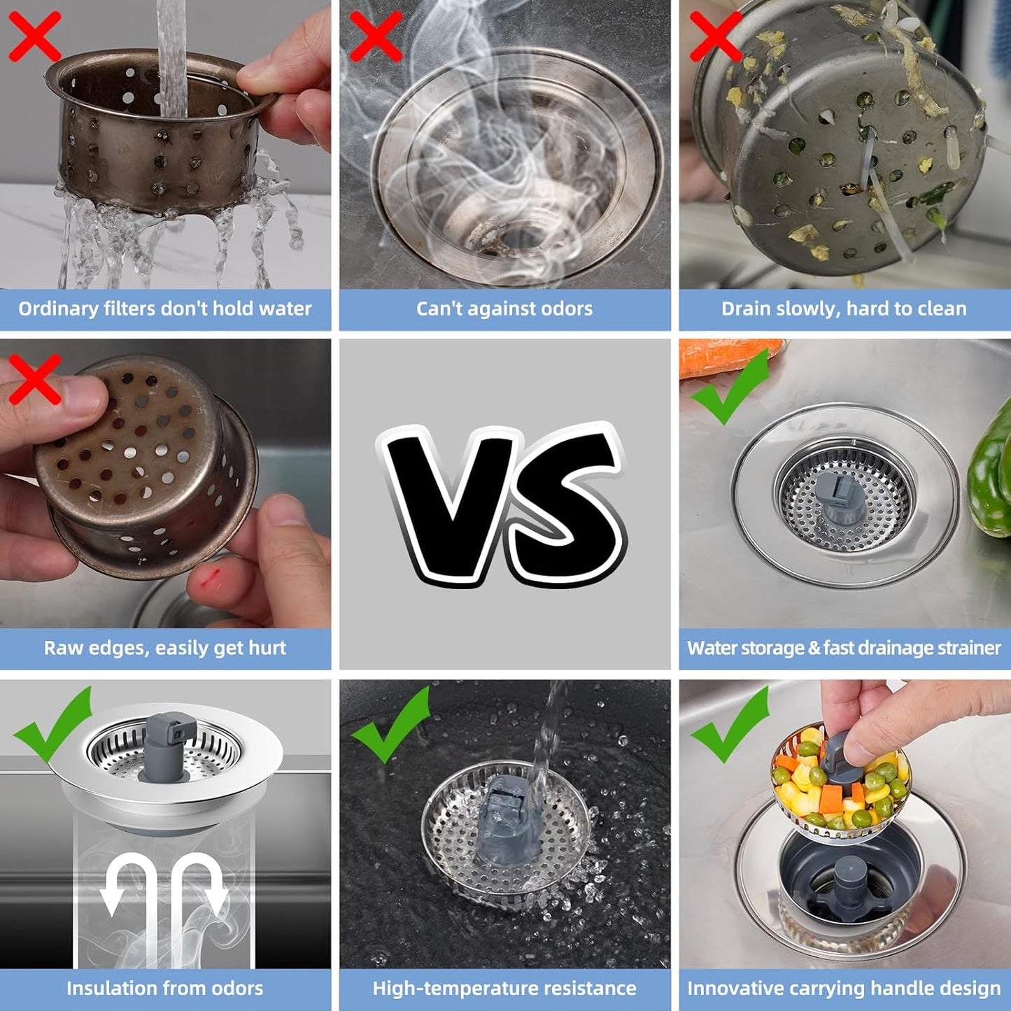 Hibbent 2 Pack Universal 3 in 1 Kitchen Sink Drain Strainer with Sink Stopper, Stainless Steel Wrapped Shell, SUS304 Anti-Clogging Basket Strainer, Fit for US Standard 3-1/2" Drain, Stainless Steel