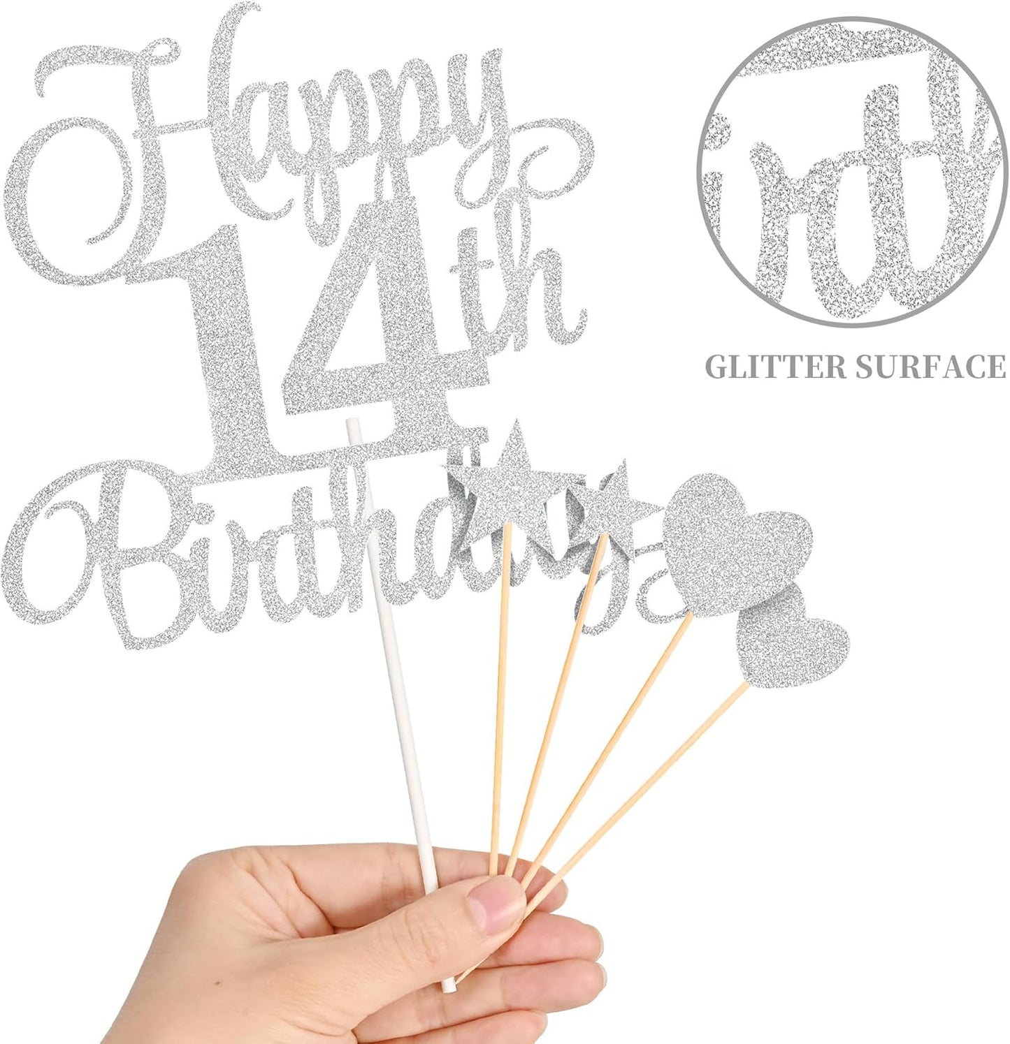 14th Birthday Cake Decorations, 14th Birthday Candles Cake Numeral Candles and Glitter Happy 14th Birthday Cake Toppers Set for Birthday Party Supplies (Silver)