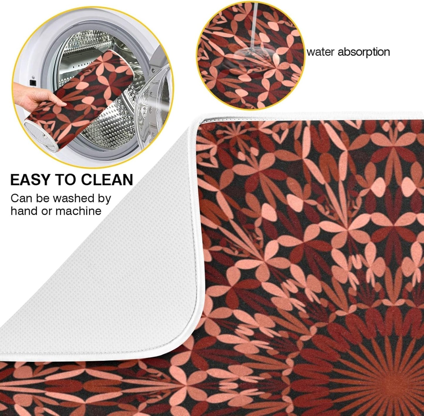 Super Absorbent Dish Drying Mat, Microfiber Fast-Drying Dish Mat, 16" x 18", Kitchen Dish Drying Pad, Mandala Maroon Boho