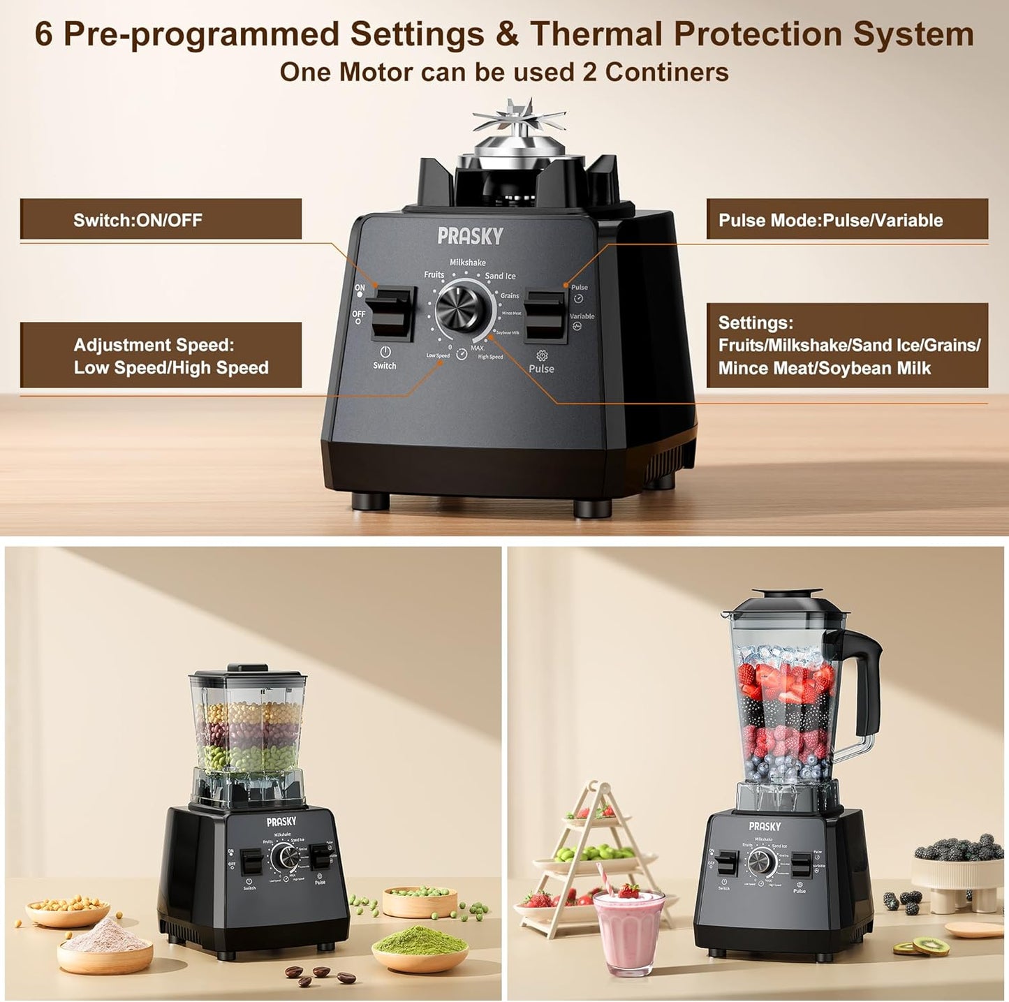 Professional Blender,Smoothies Blenders, PRASKY Max.2400Watts/1000Watts Blender and Grinder Combo 25000RPM Powerful Kitchen 68oz BPA Free 2 Containers Countertop Blenders Ice Crushing, Juice