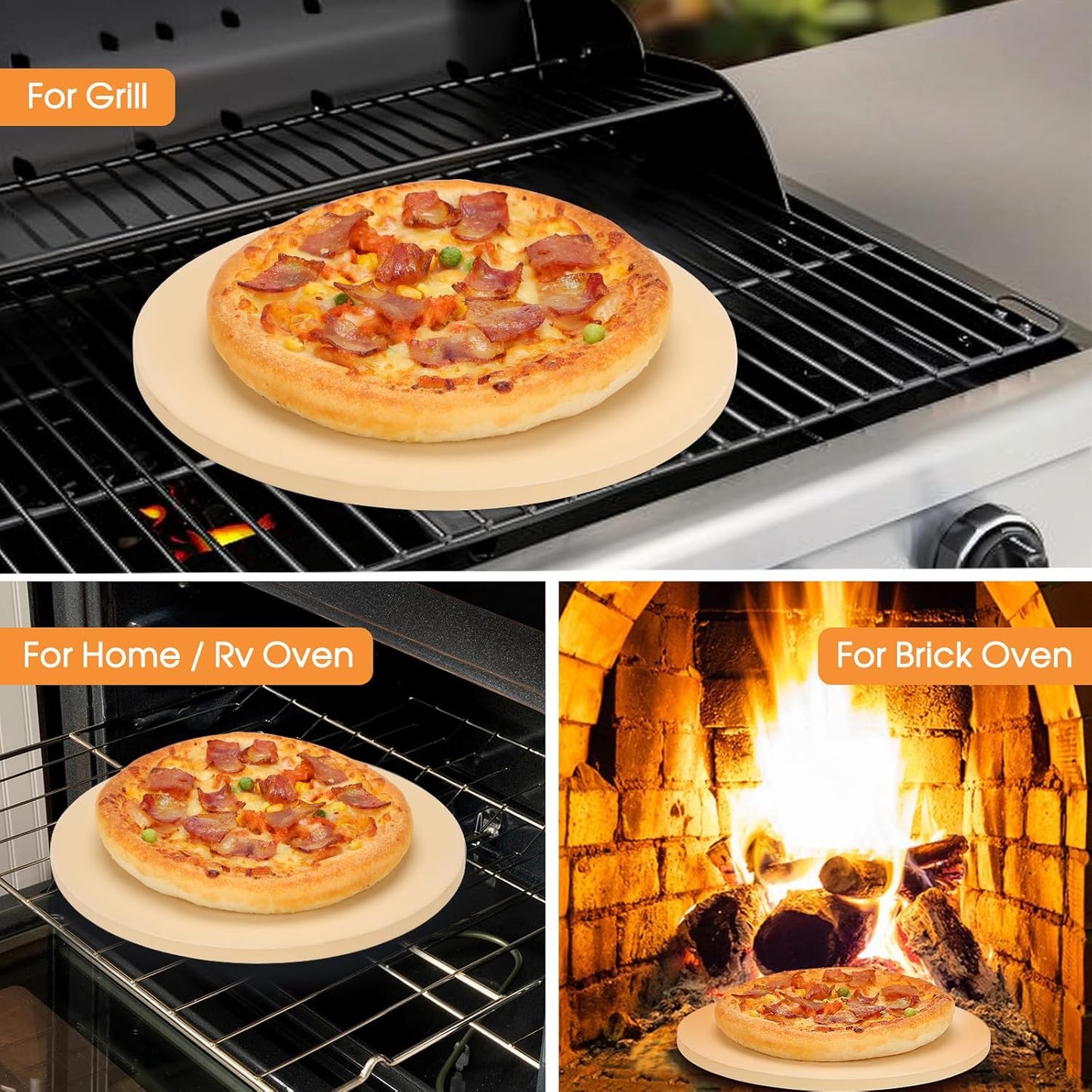 Small 12 inch Round Pizza Stone,for RV Camper Oven,Round baking stone Grill,Can make pizza, bread, pies,BBQ, Durable and Safe, Give away Plastic Scraper
