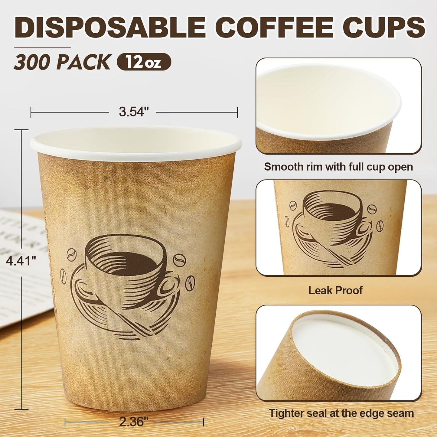 12 oz 1000 Pack Disposable Paper Coffee Cups, Hot/Cold Beverage 12oz Disposable Coffee Cups, Retro Design, Leak-Proof, Hot or Cold Drink, Cocoa, Chocolate, Coffee Bar Supplies