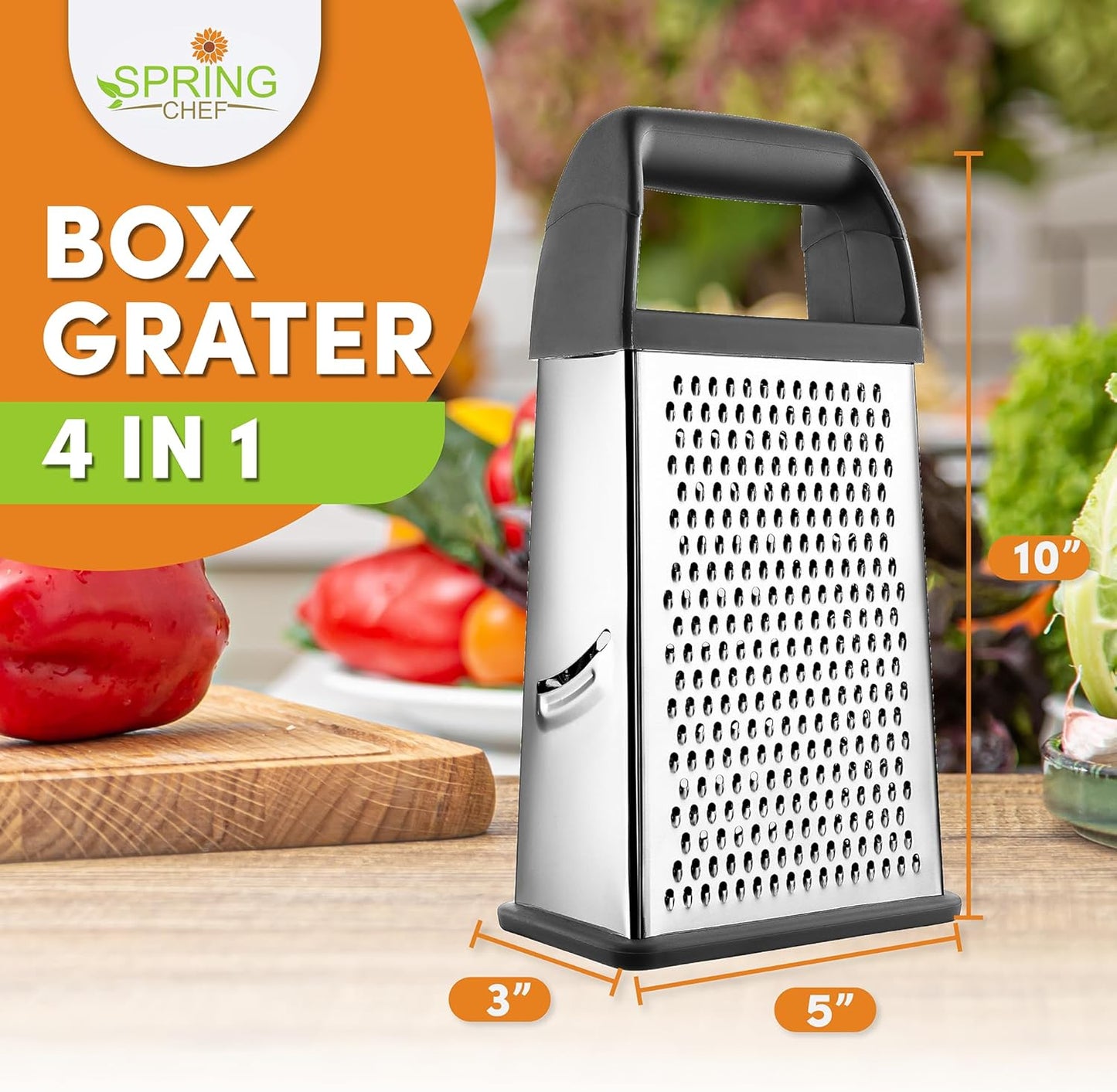 Spring Chef Professional Gray 10" Stainless Steel Parmesan Cheese Grater with Handle, 4 Sided Handheld Box Grater, Kitchen Carrot Shredder for Potato, Cheese, Ginger, Vegetables, Hashbrown