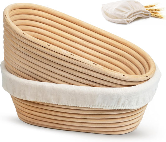 Kook Banneton Bread Proofing Baskets, Artisan Sourdough Bread Making Baskets, 9.8 Inch Handwoven Rattan Baskets and Cloth Liners, Set of 2, Oval