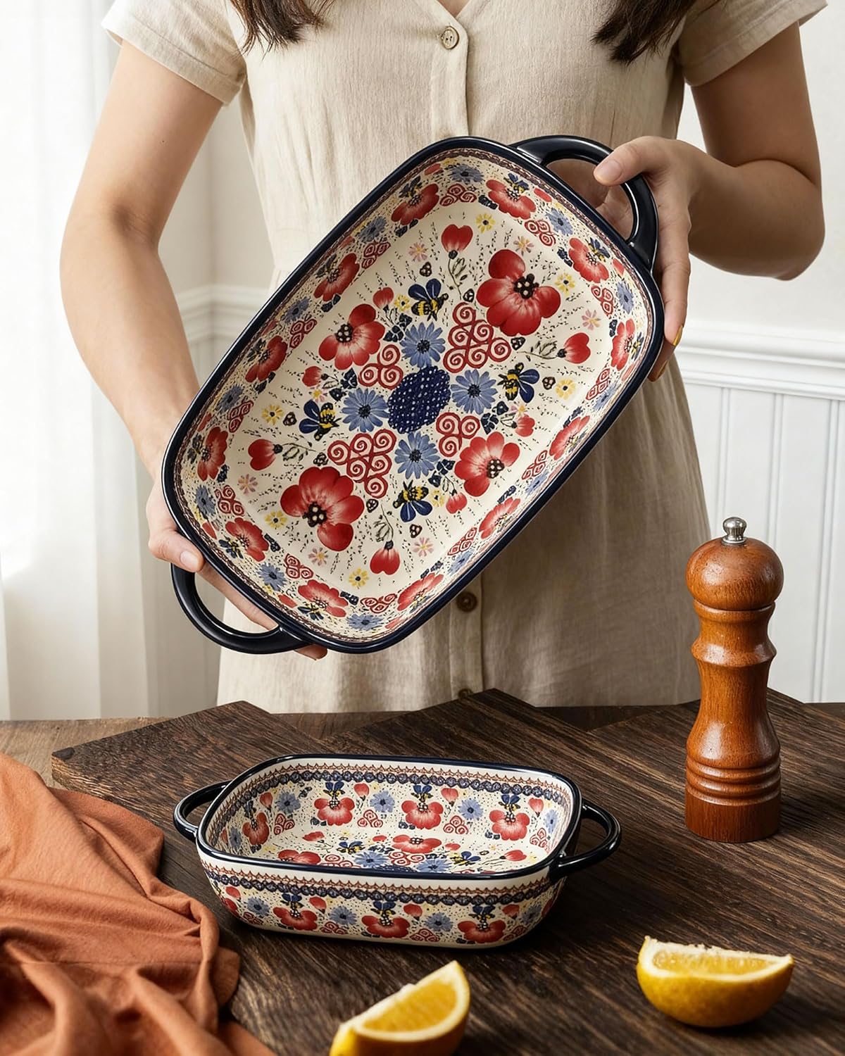 Polish Pottery Style Ceramic Baking Dish Set of 2 – Decorative Casserole Dishes with Handles, Cute Oven-Safe Lasagna Bakeware Gift Set