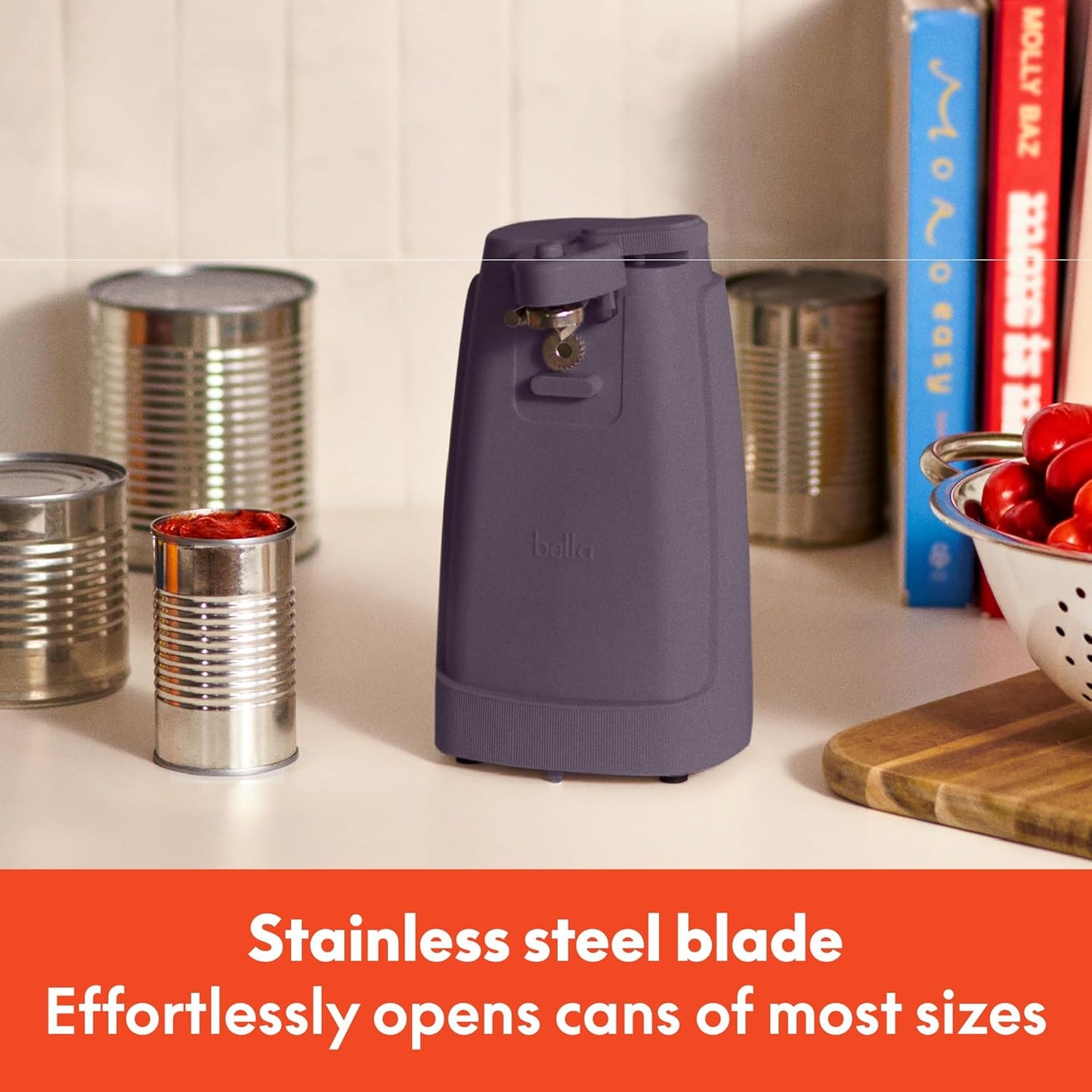 bella Electric Can Opener and Knife Sharpener, Multifunctional Jar and Bottle Opener with Removable Cutting Lever and Cord Storage, Stainless Steel Blade, Plum
