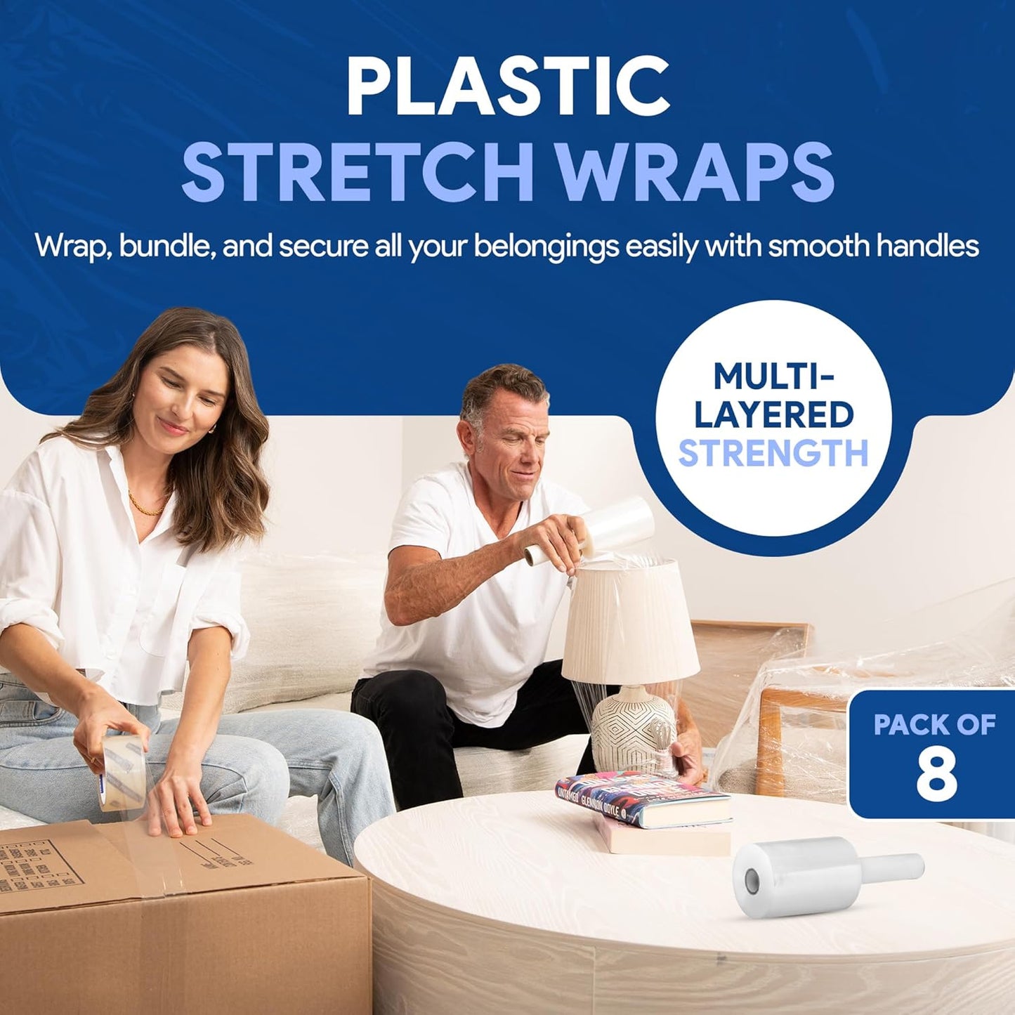 International Plastics Co. 18" Plastic Stretch Film/Wrap 1200ft 500% Stretch Clear Cling Durable Adhering Packing Moving Packaging Heavy Duty Shrink (5" Products, 8 Pack)